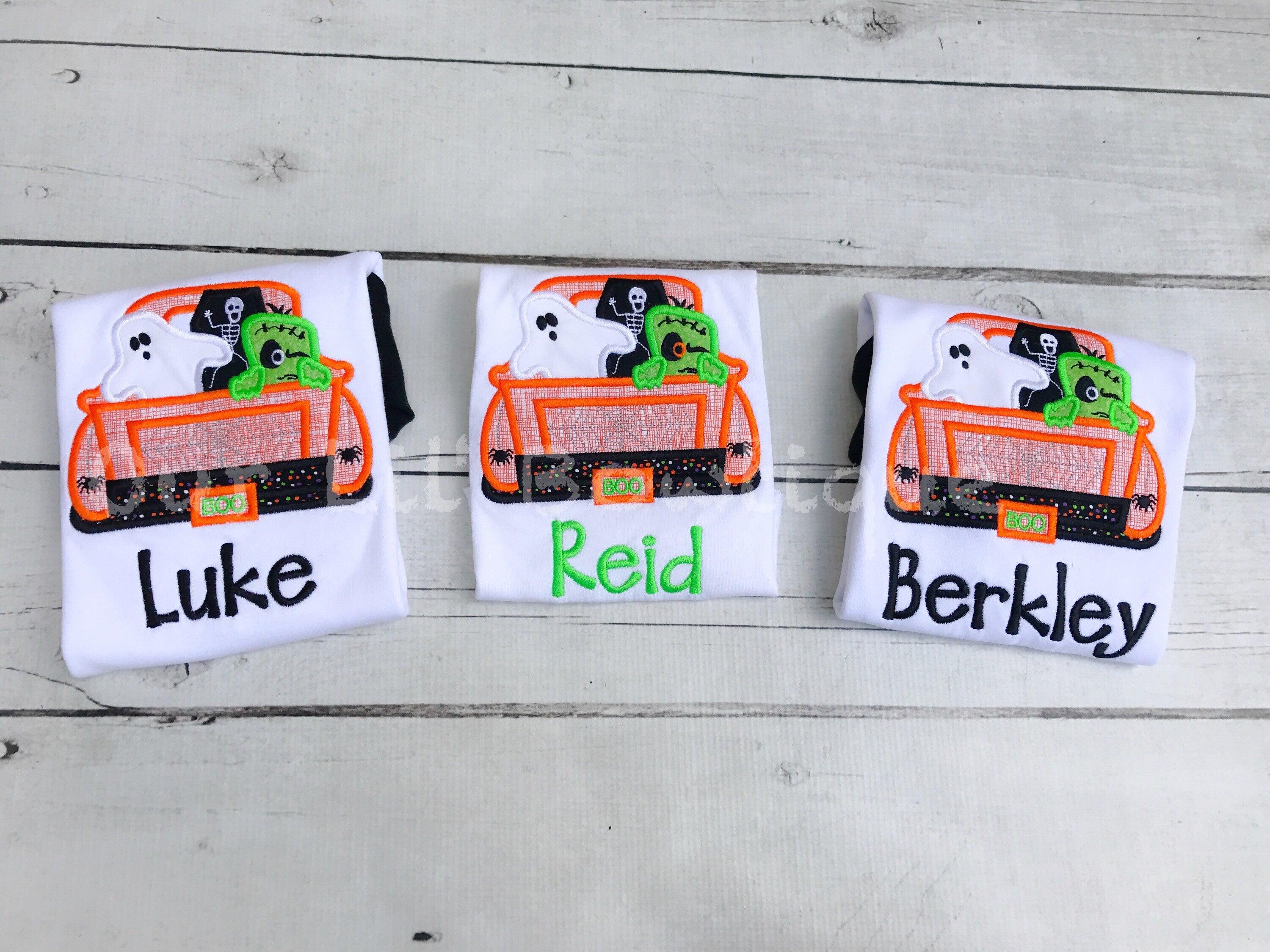 Personalized Halloween Raglan Shirt: Embroidered Ghost Truck Applique