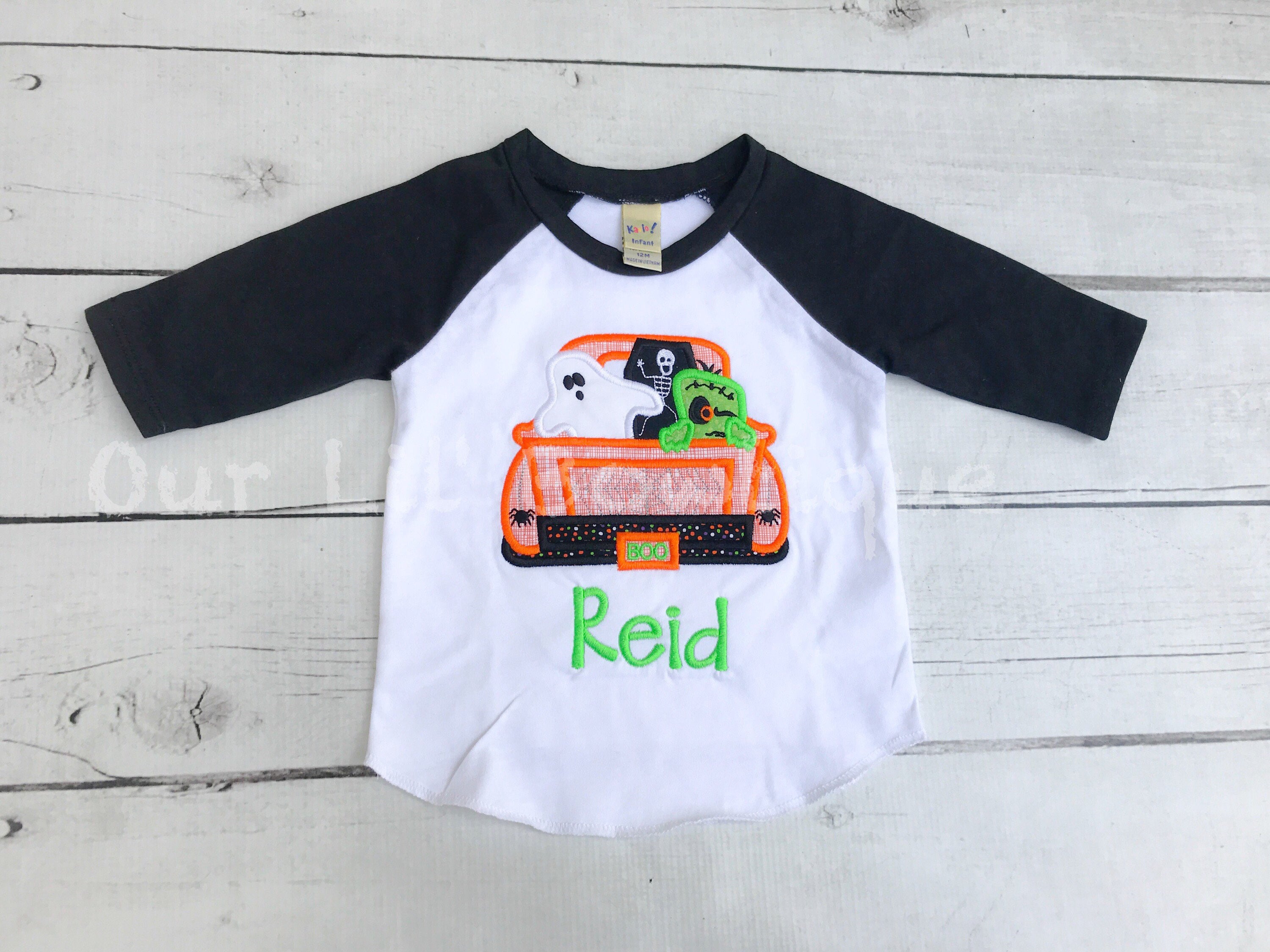 Personalized Halloween Raglan Shirt: Embroidered Ghost Truck Applique