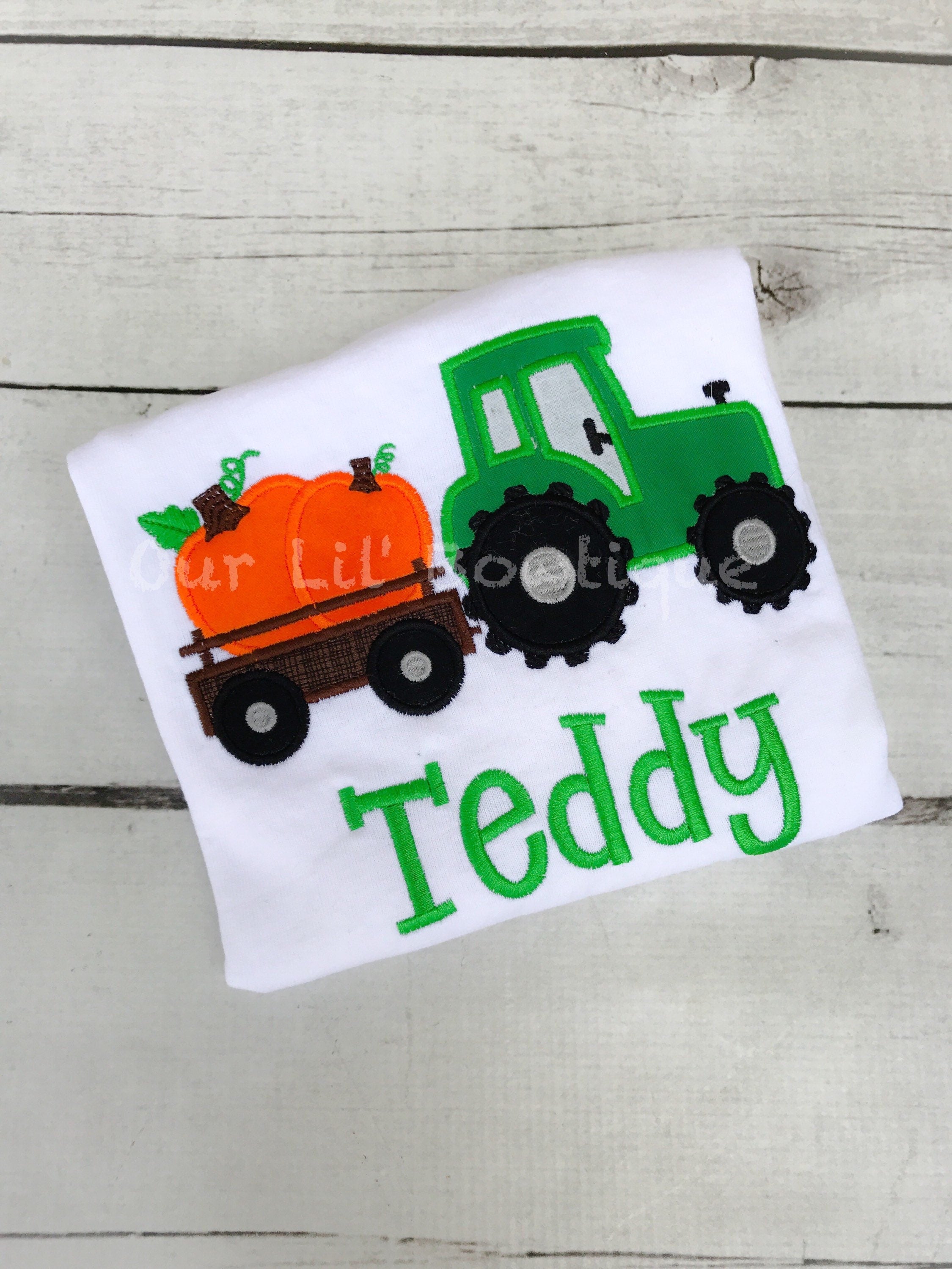 Embroidered Pumpkin Tractor Boys Shirt: Personalized Fall Birthday Tee