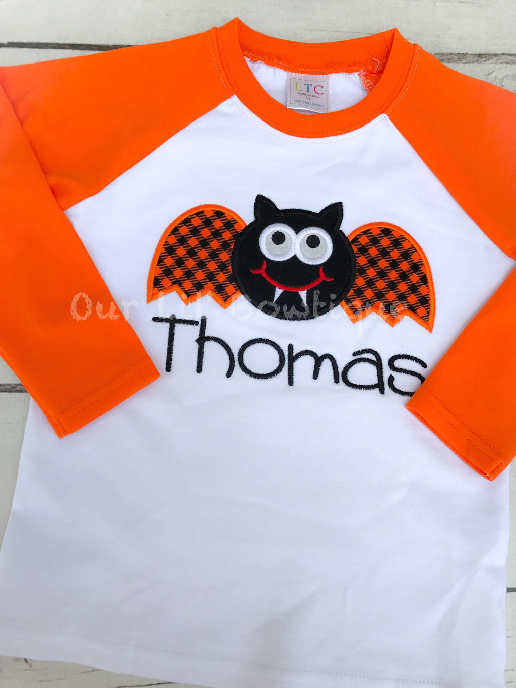 Boys Halloween Raglan Shirt: Bat Applique, Personalized Name