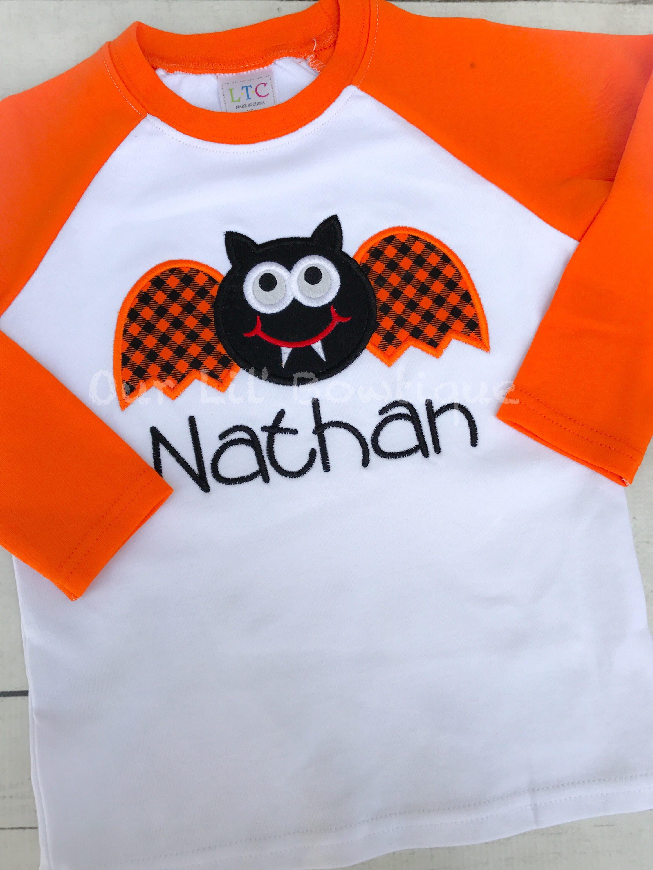 Boys Halloween Raglan Shirt: Bat Applique, Personalized Name