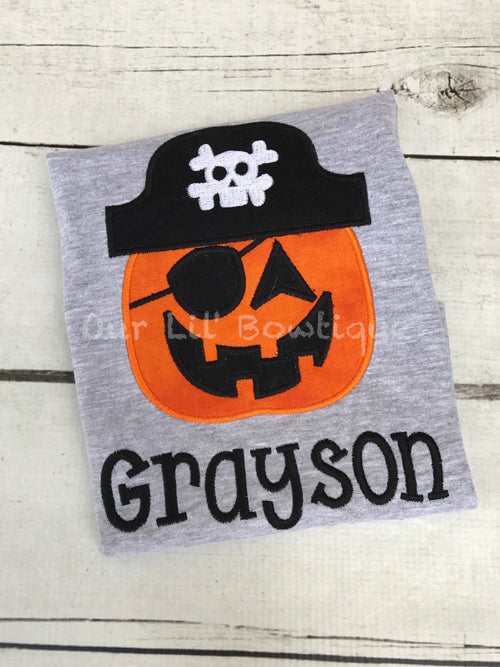 Boys Halloween Shirt: Embroidered Pumpkin Pirate Costume