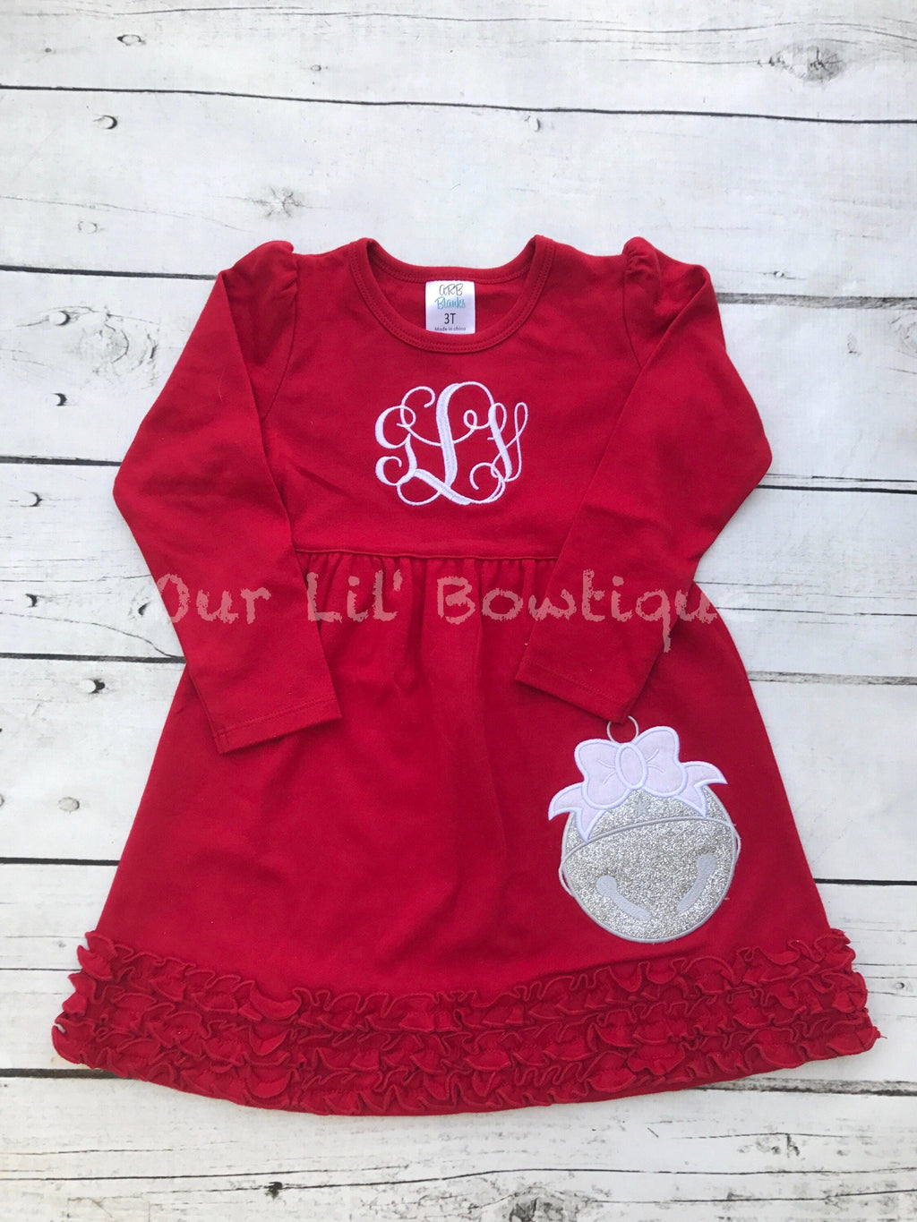 Personalized Christmas Dress: Bell Applique, Monogrammed Holiday Outfit
