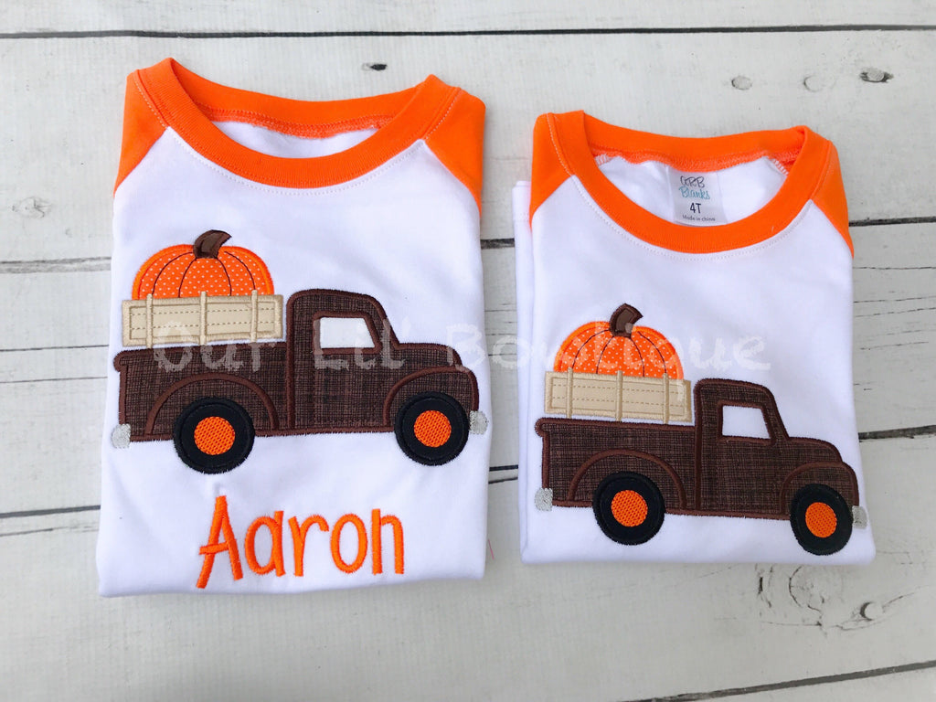 Personalized Pumpkin Truck Shirt - Thanksgiving Raglan - Halloween Applique