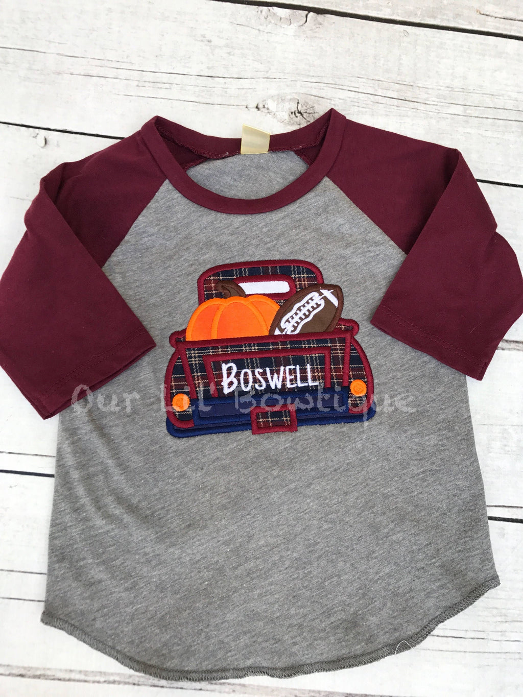 Personalized Fall Truck Raglan Shirt: Halloween Football Applique