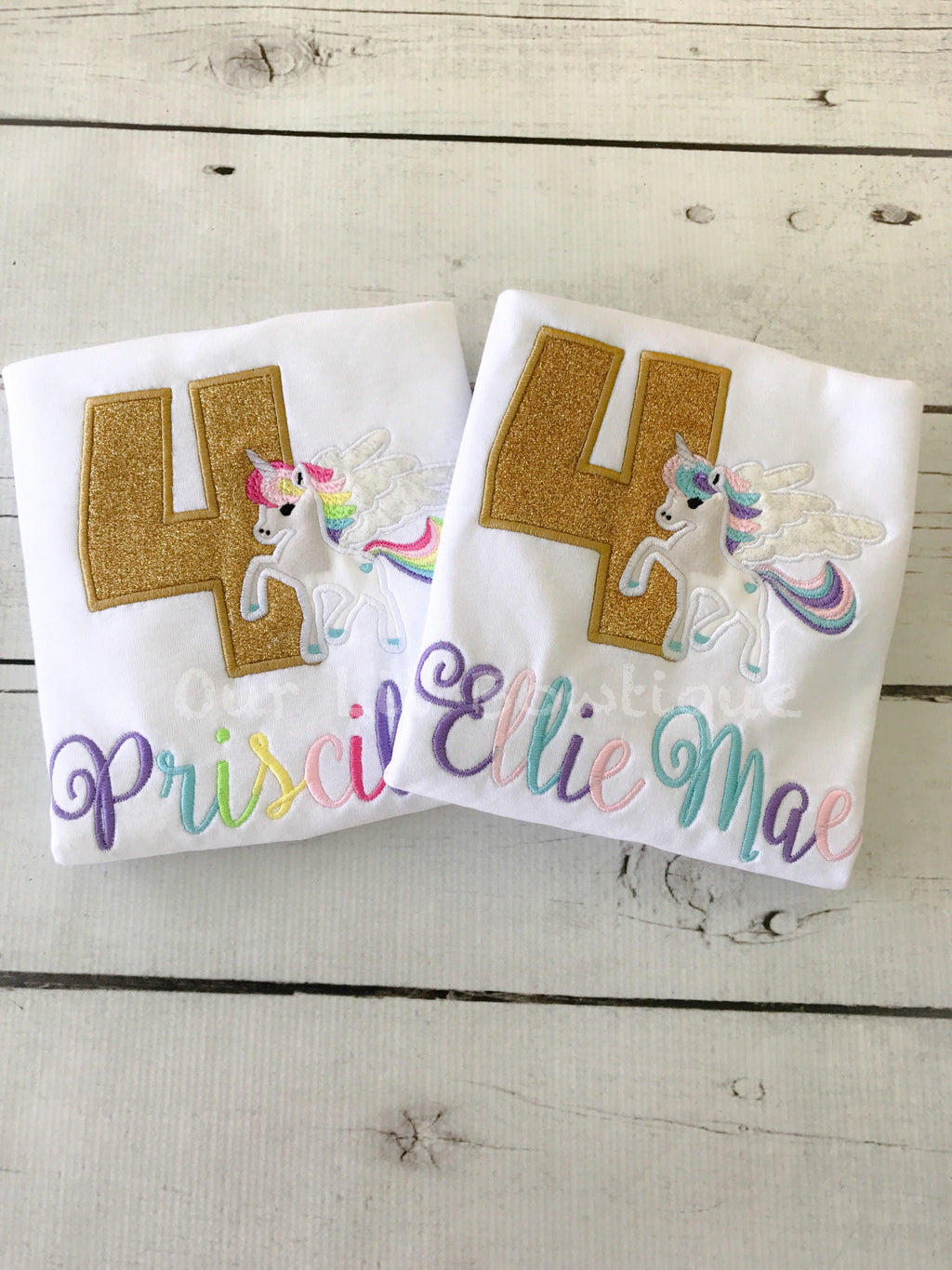 Personalized Unicorn Birthday Shirt: Gold Glitter Number, Rainbow Colors