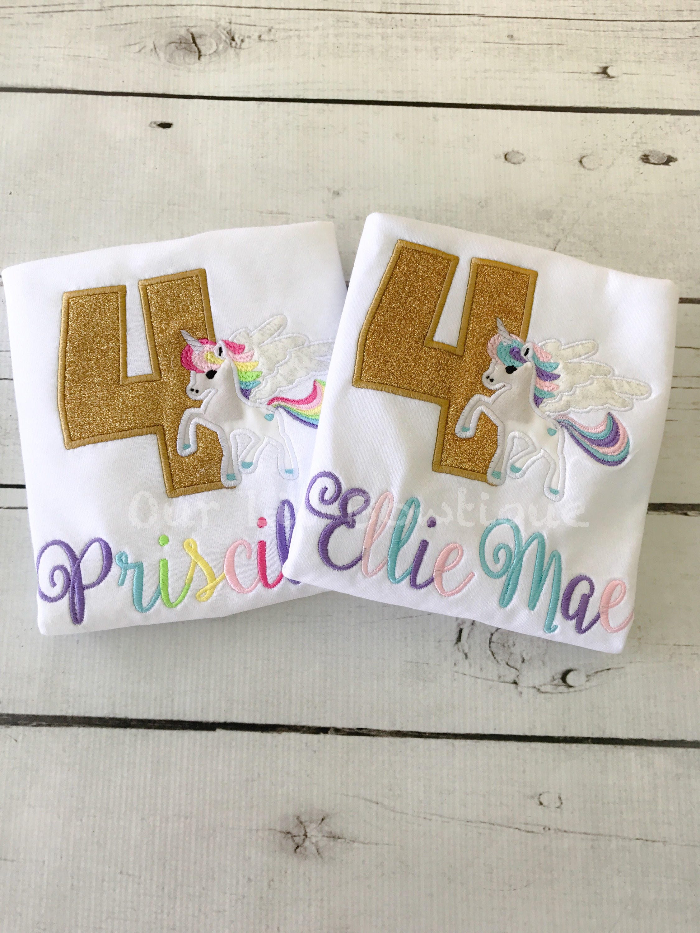 Personalized Unicorn Birthday Shirt: Gold Glitter Number, Rainbow Colors