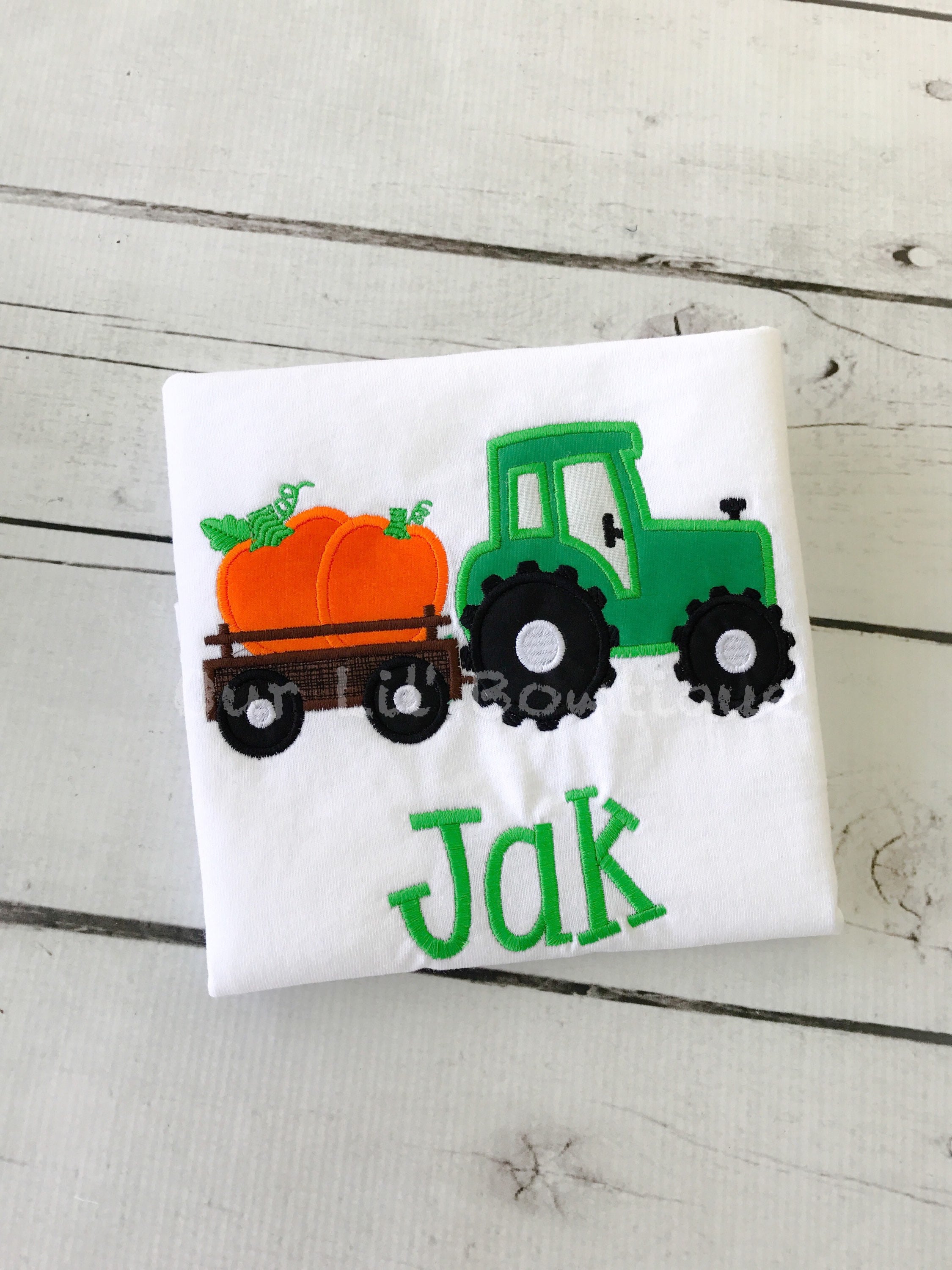 Embroidered Pumpkin Tractor Boys Shirt: Personalized Fall Birthday Tee
