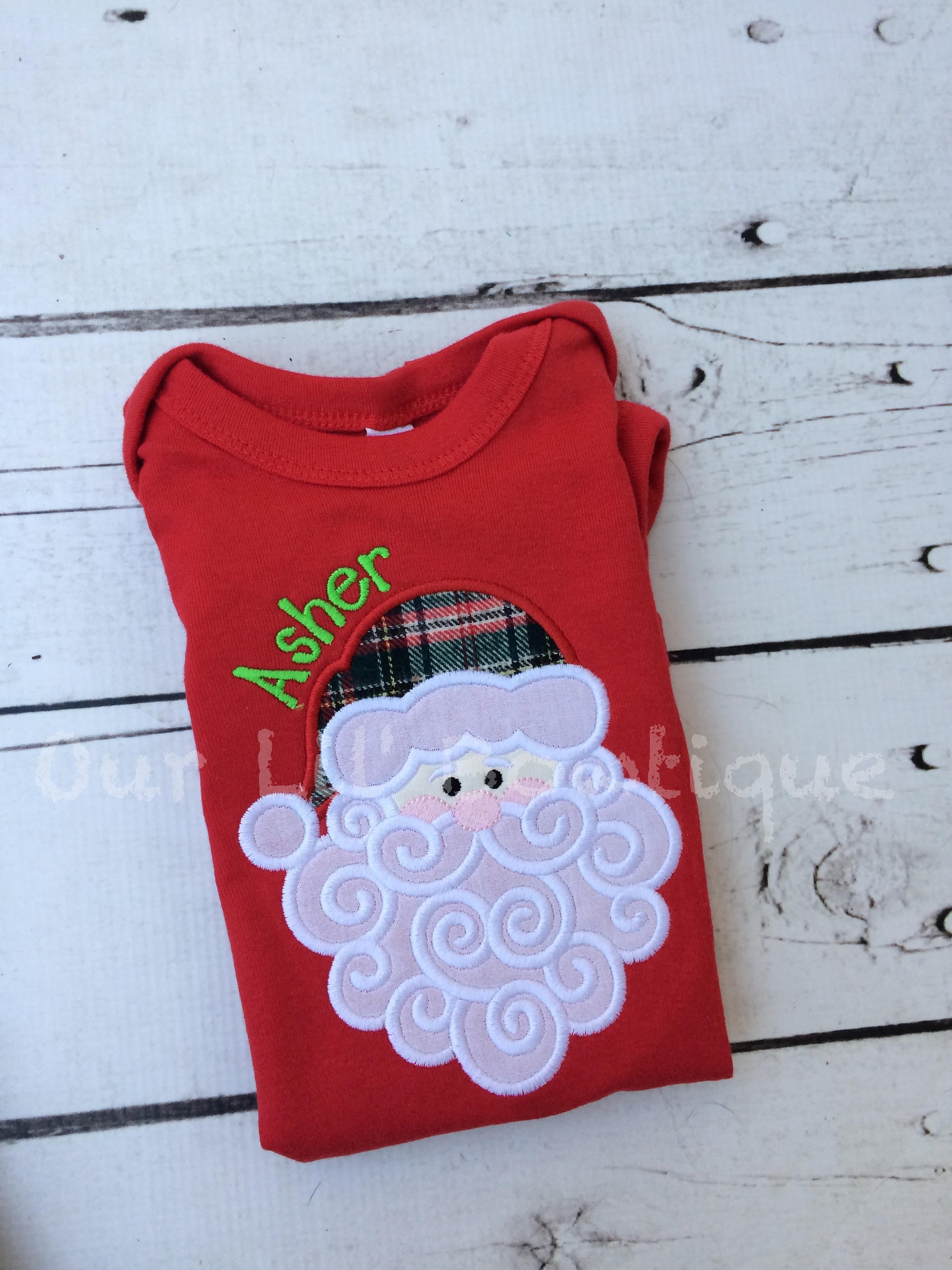 Personalized Santa Applique Christmas Shirt: Plaid Hat