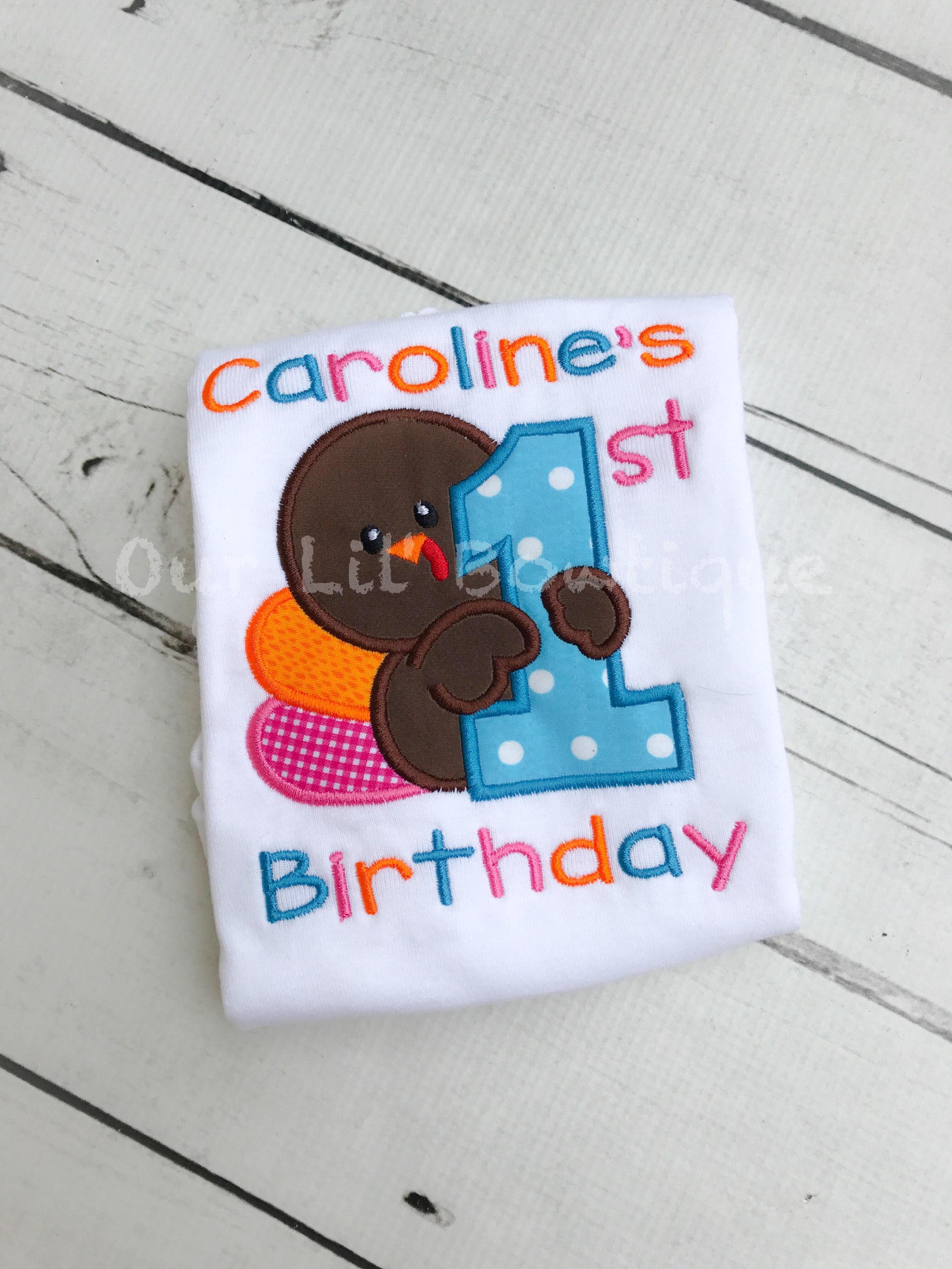 Personalized Thanksgiving 1st Birthday Outfit: Turkey Appliqué Shirt & Tutu