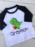 Boys Halloween Raglan Shirt: Dinosaur Applique with Pumpkin