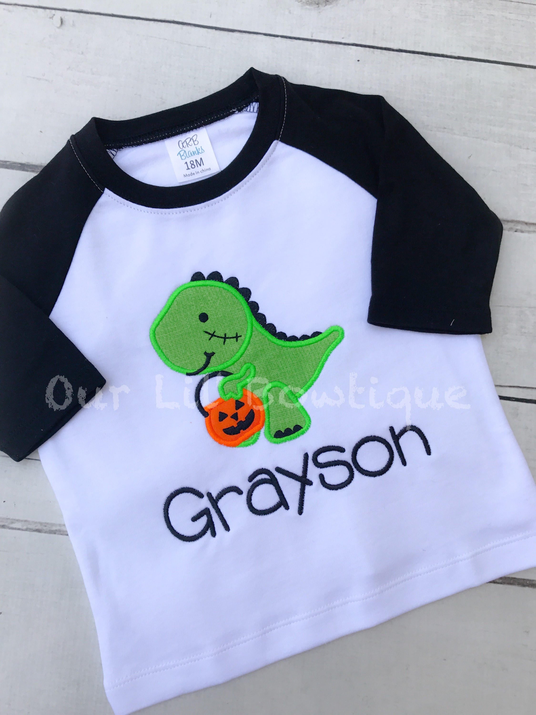Boys Halloween Raglan Shirt: Dinosaur Applique with Pumpkin