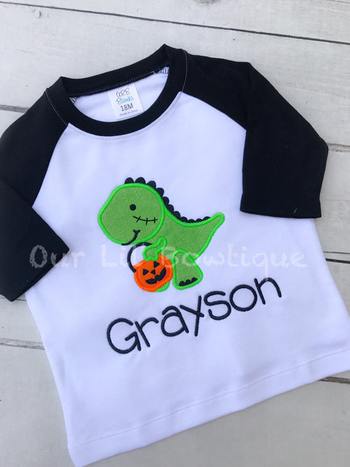 Boys Halloween Raglan Shirt: Dinosaur Applique with Pumpkin