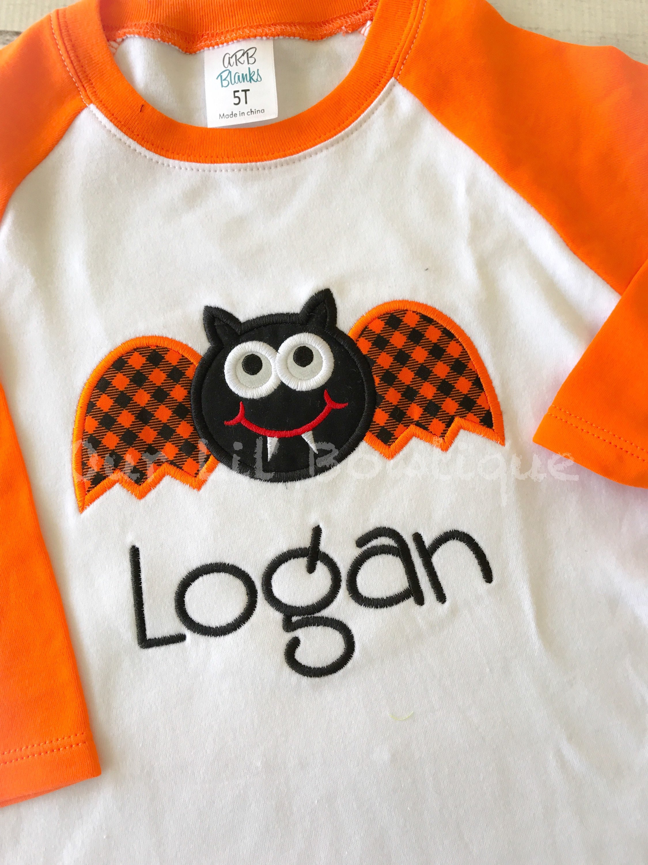 Boys Halloween Raglan Shirt: Bat Applique, Personalized Name