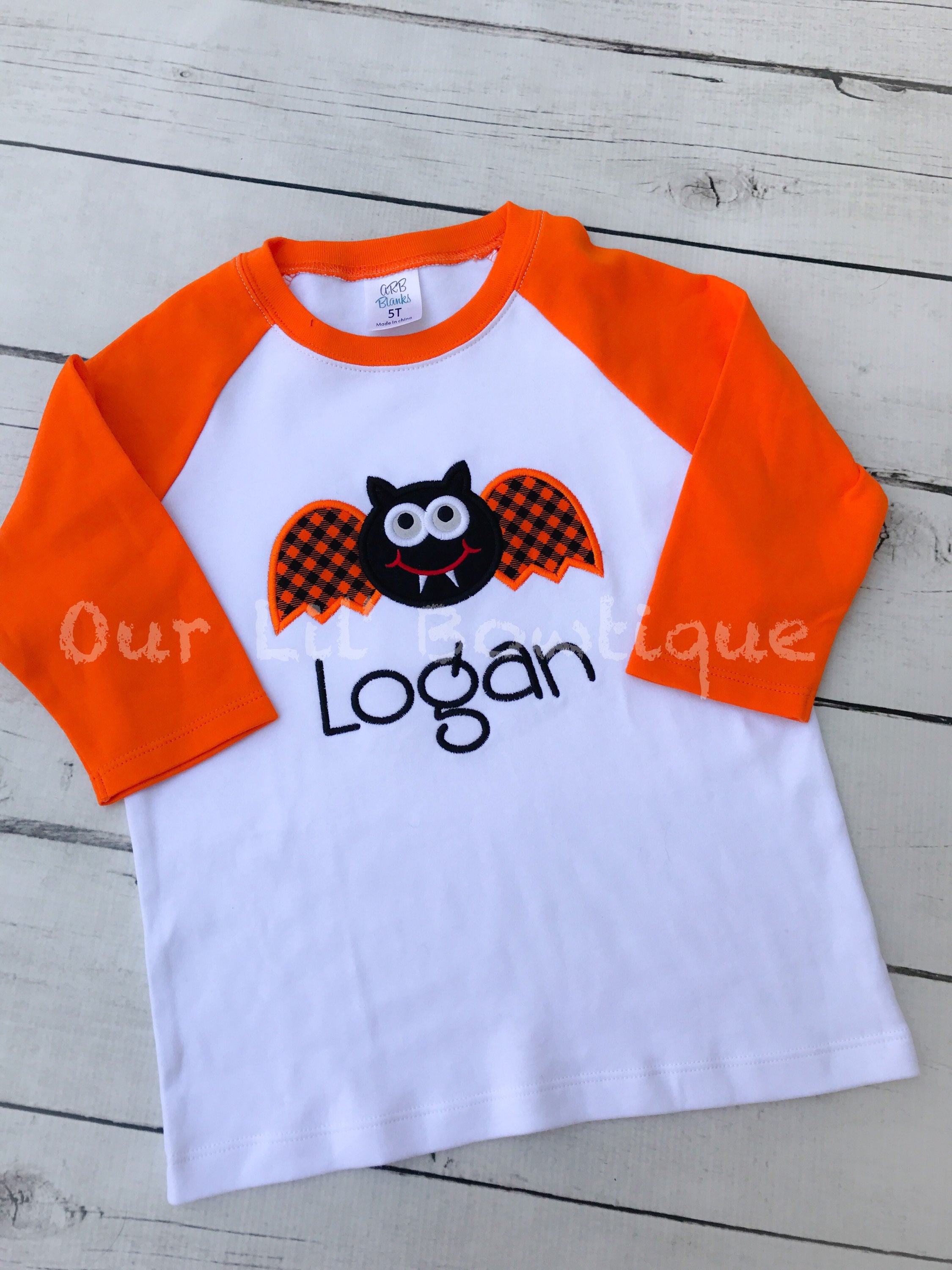 Boys Halloween Raglan Shirt: Bat Applique, Personalized Name