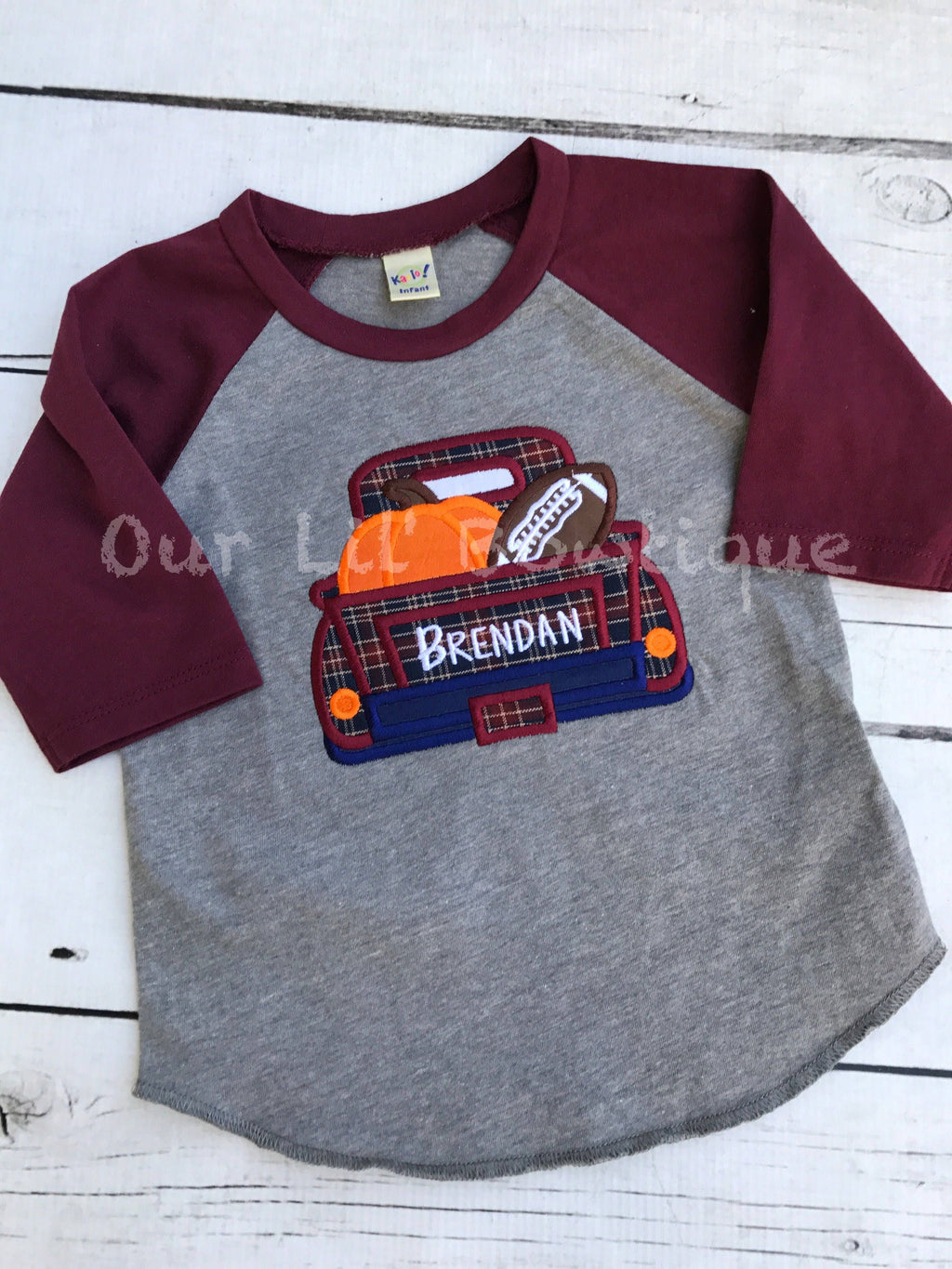Personalized Fall Truck Raglan Shirt: Halloween Football Applique