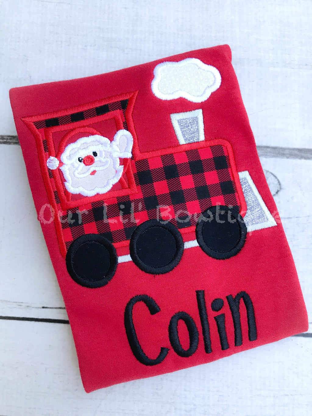 Personalized Christmas Train Shirt: Santa Applique, Boy's Holiday Outfit