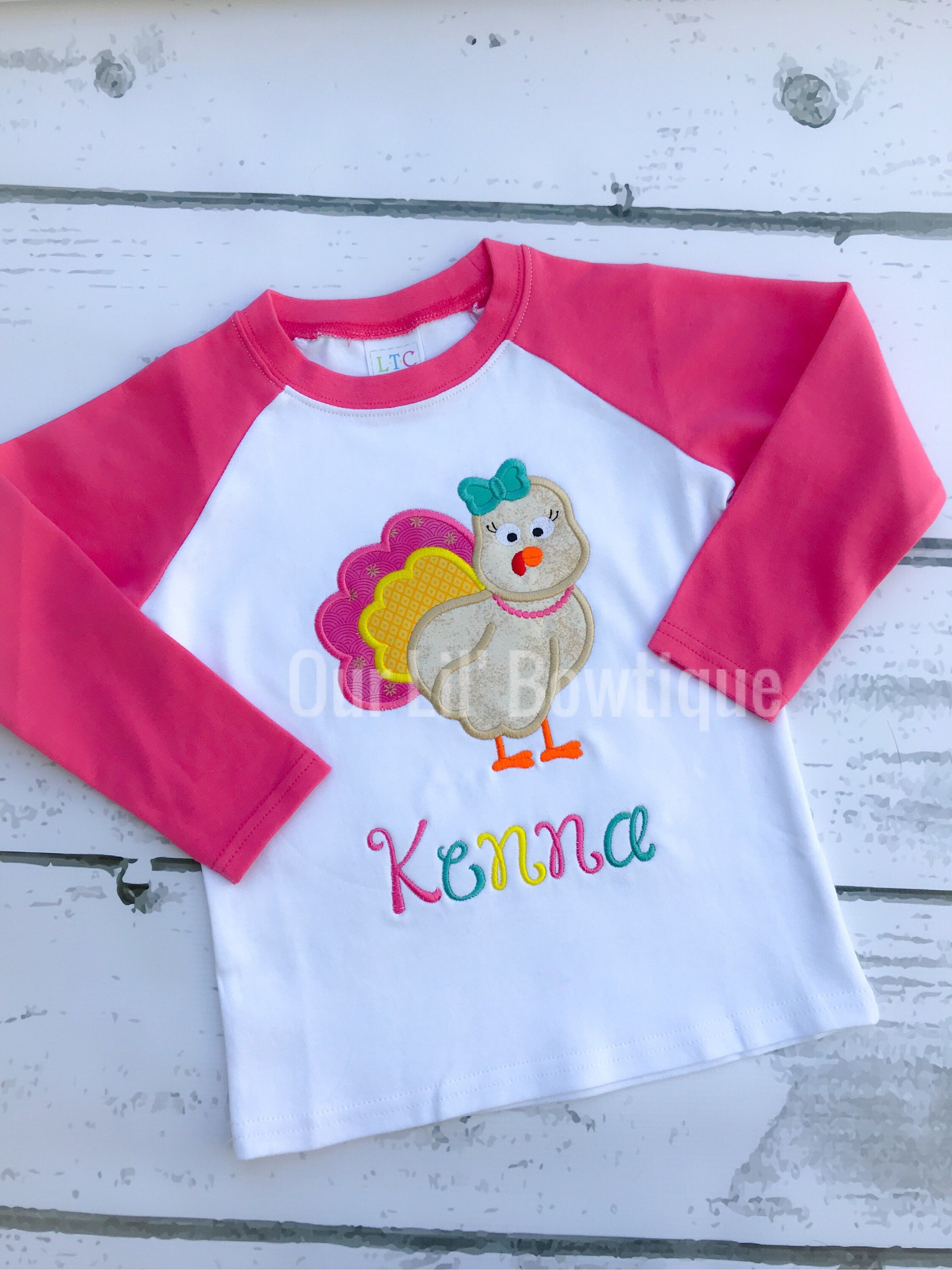 Girls Thanksgiving Shirt: Applique Turkey, Personalized