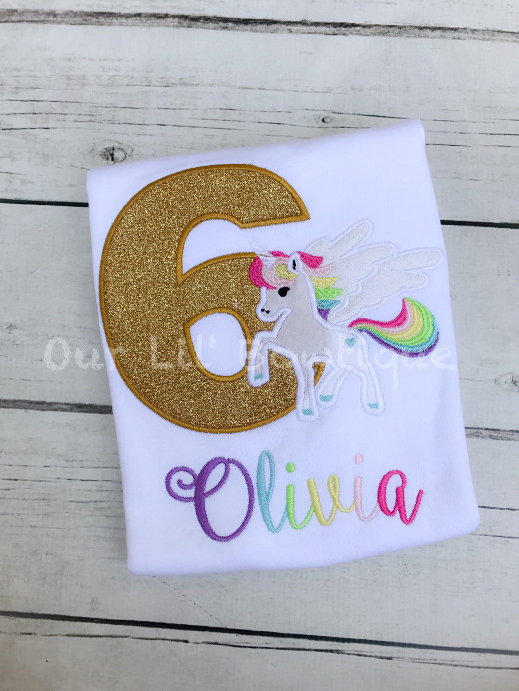 Personalized Unicorn Birthday Shirt: Gold Glitter Number, Rainbow Colors