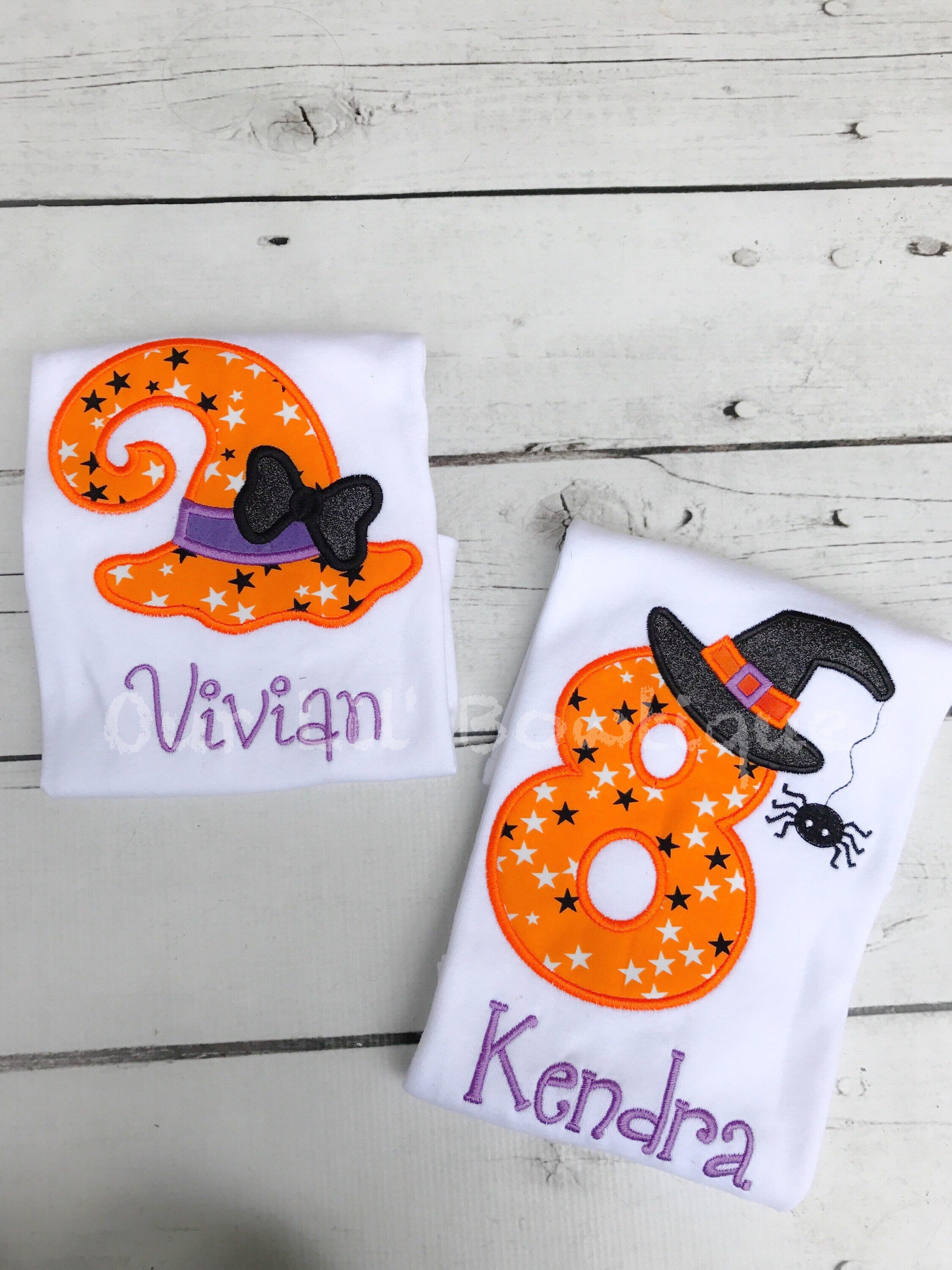 Personalized 1st Birthday Halloween Shirt: Witch Hat, Spider Appliqué