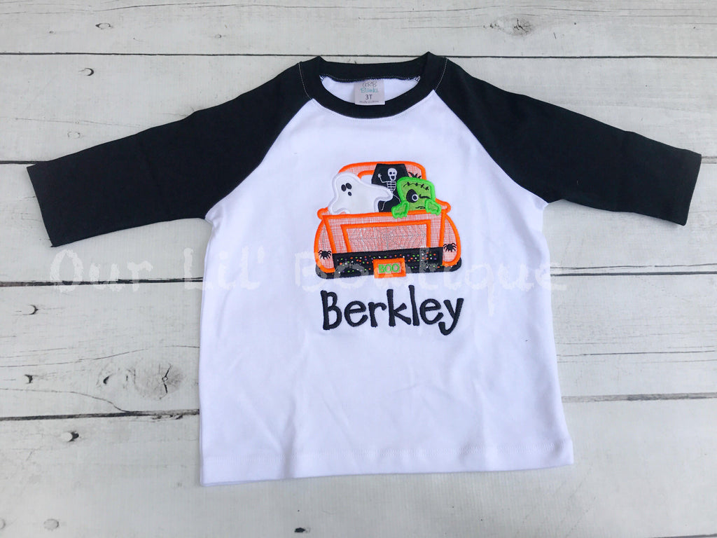 Personalized Halloween Raglan Shirt: Embroidered Ghost Truck Applique