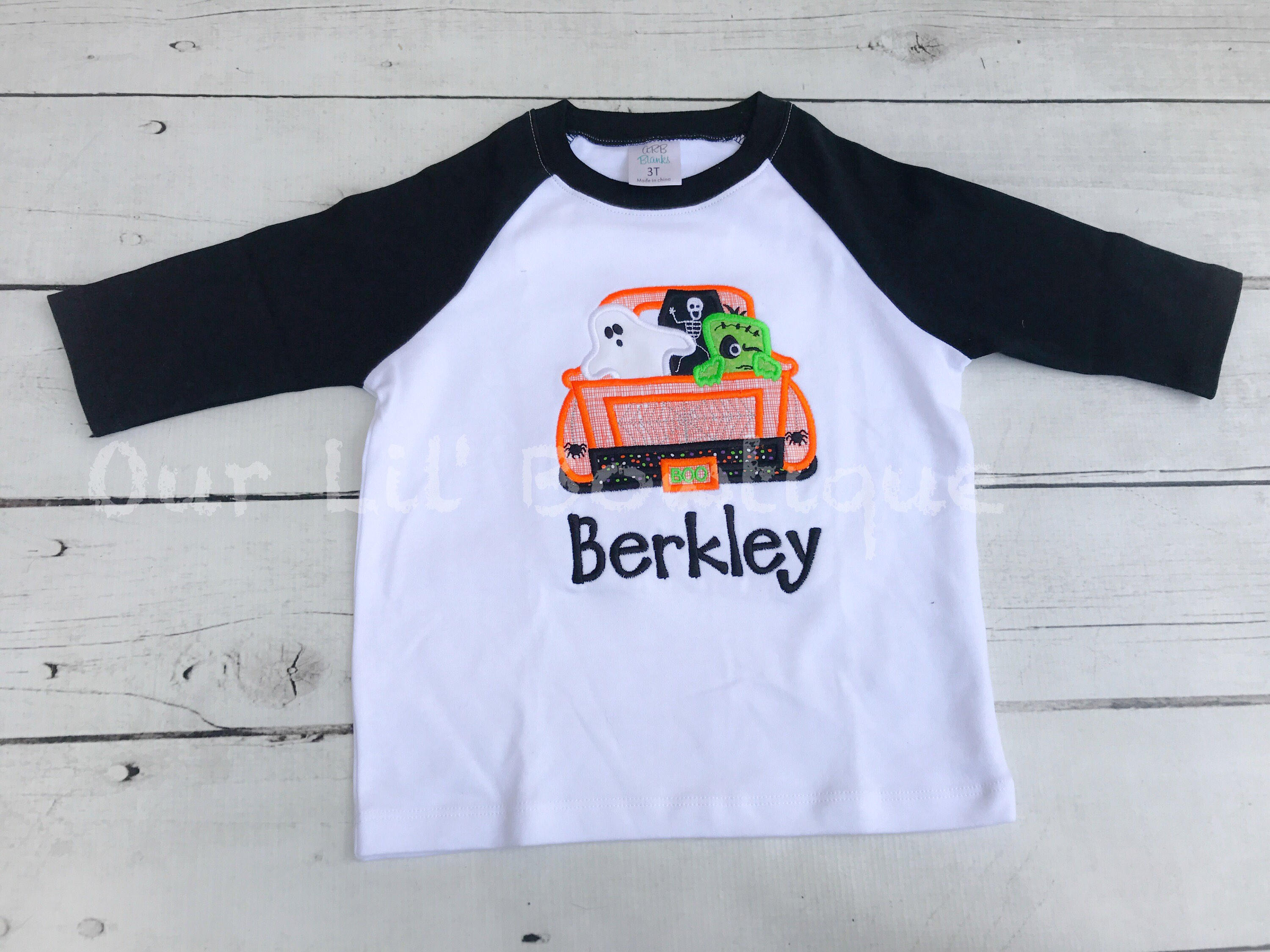 Personalized Halloween Raglan Shirt: Embroidered Ghost Truck Applique