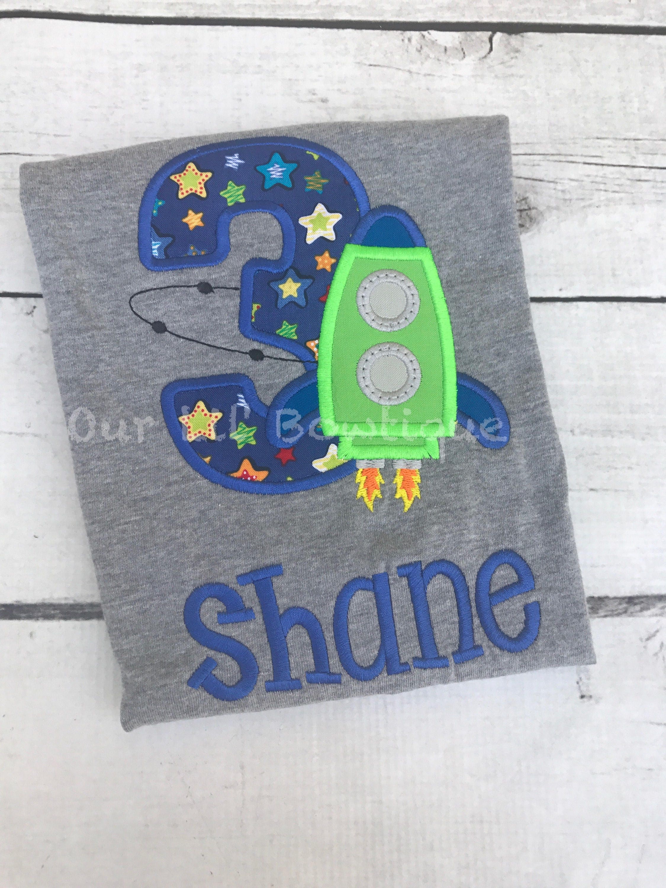Rocket Ship Birthday Shirt: Embroidered Space Theme, Custom Age