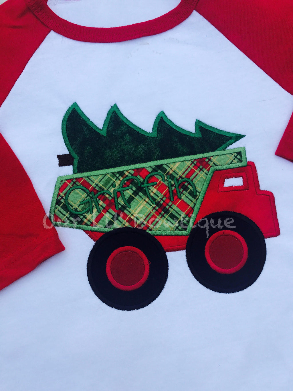 Personalized Christmas Tree Dump Truck Raglan Shirt