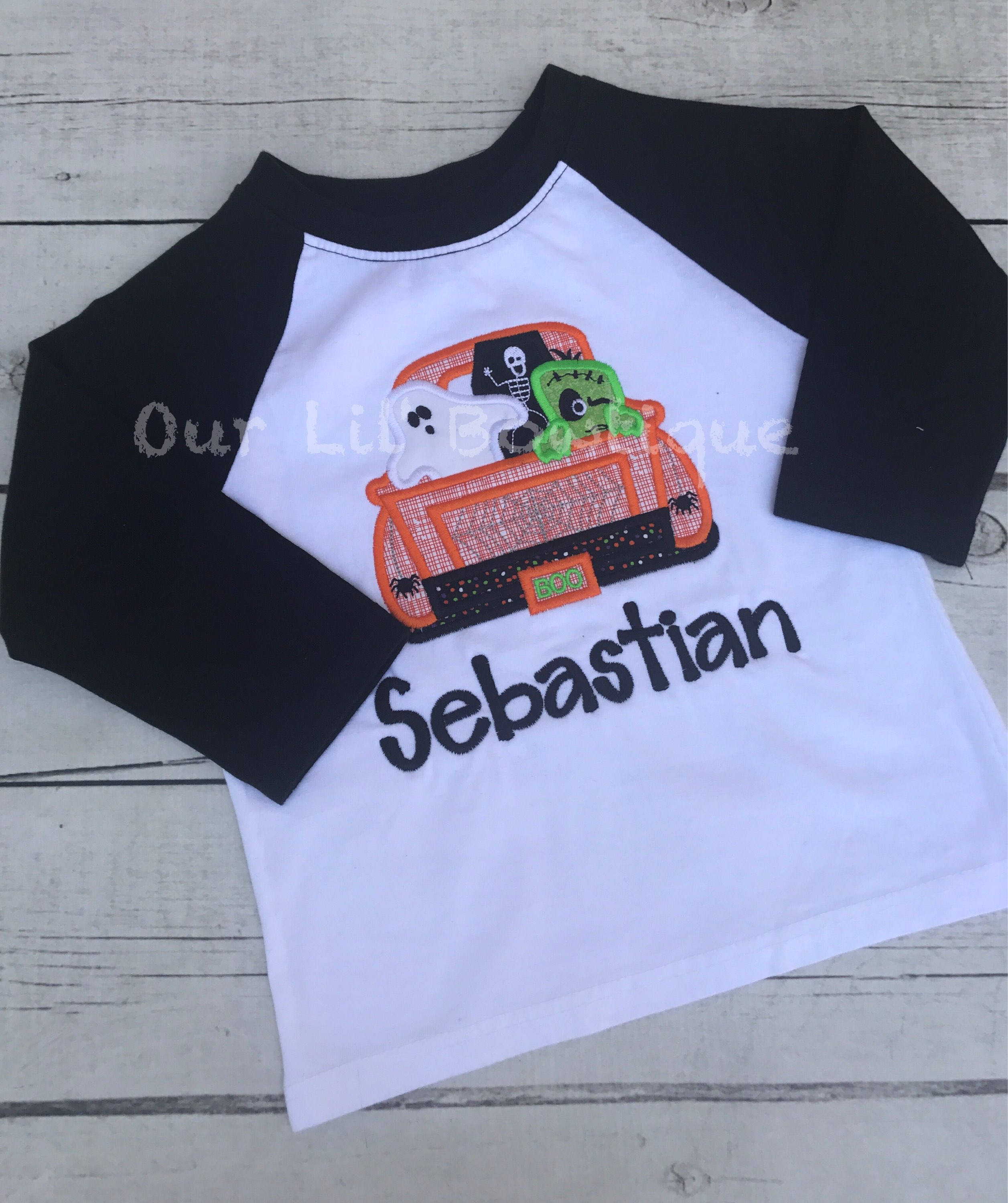 Personalized Halloween Raglan Shirt: Embroidered Ghost Truck Applique