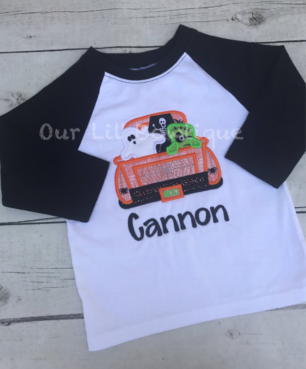 Personalized Halloween Raglan Shirt: Embroidered Ghost Truck Applique