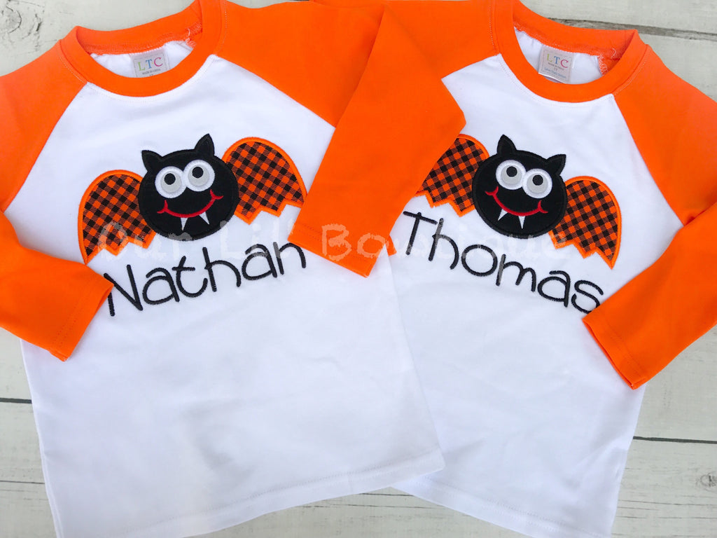 Boys Halloween Raglan Shirt: Bat Applique, Personalized Name