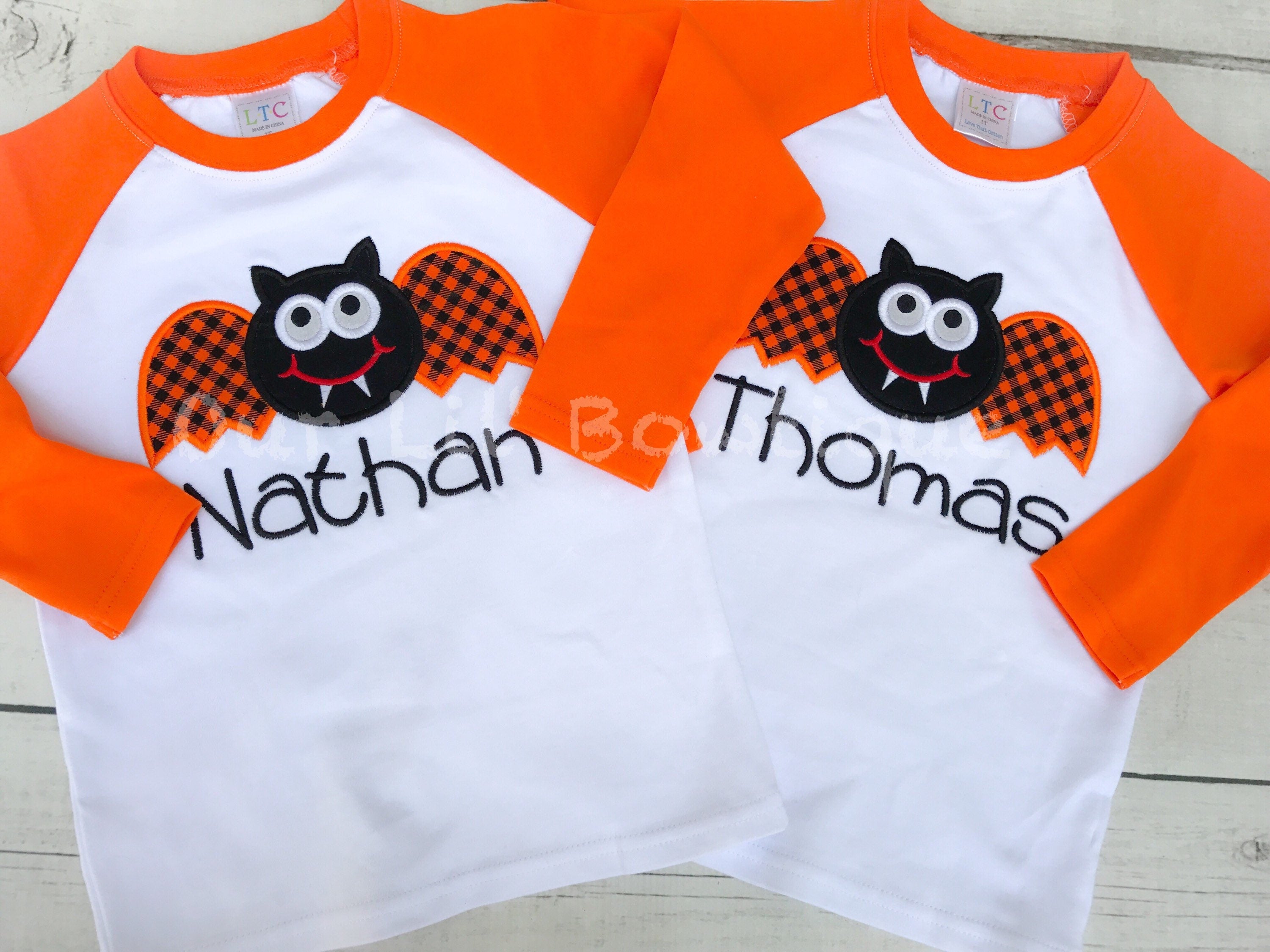 Boys Halloween Raglan Shirt: Bat Applique, Personalized Name