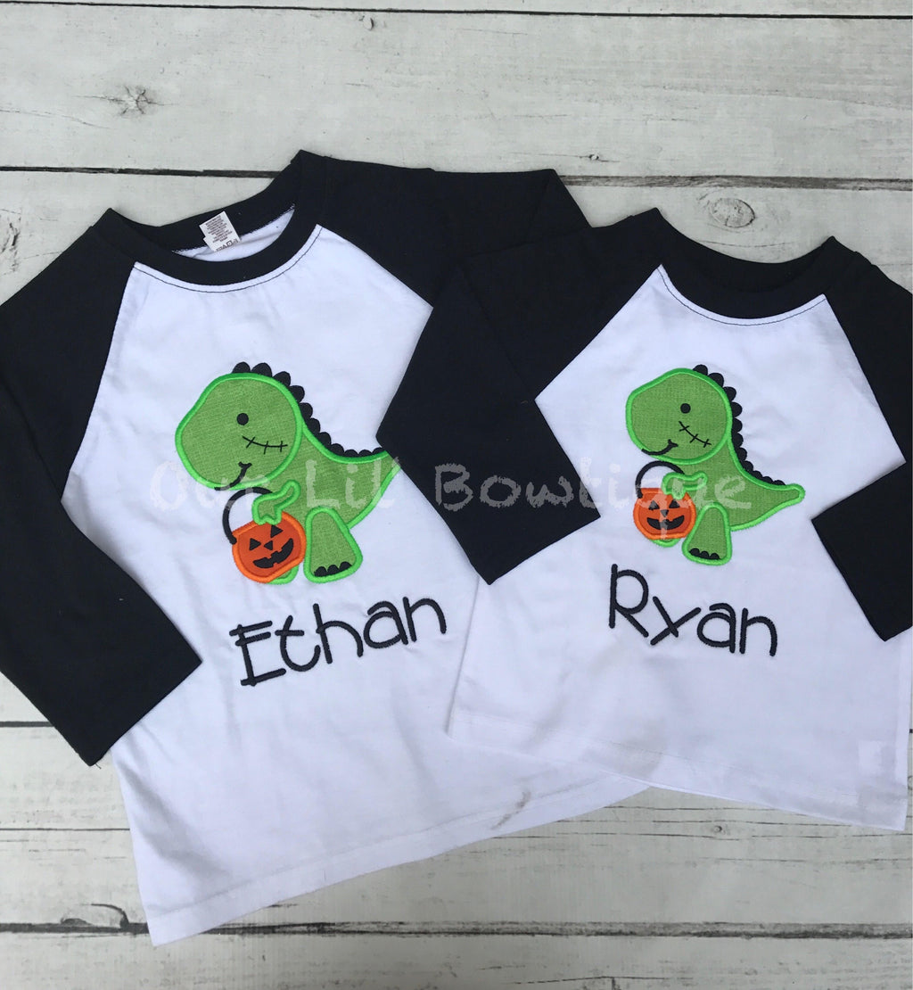 Boys Halloween Raglan Shirt: Dinosaur Applique with Pumpkin