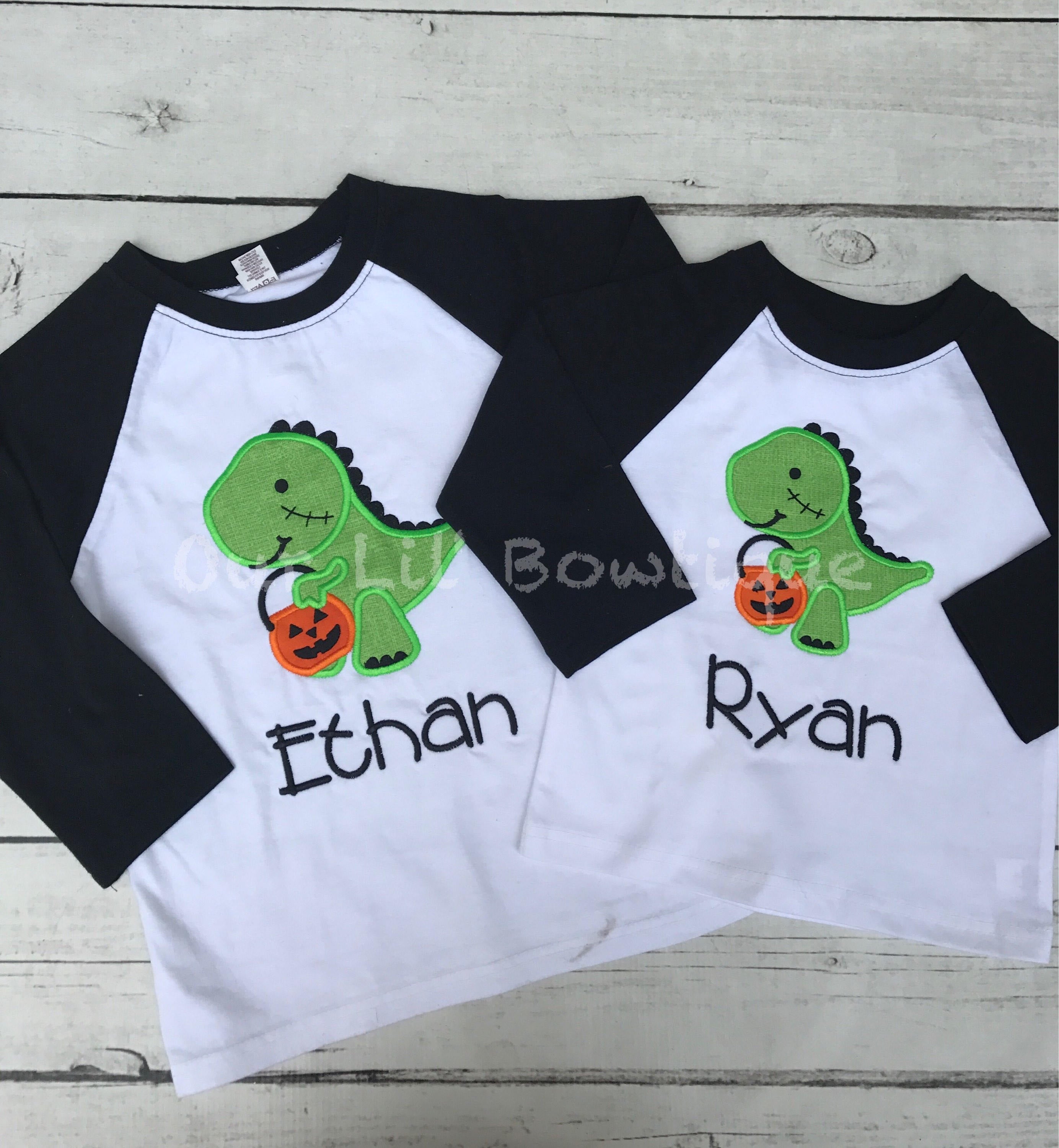 Boys Halloween Raglan Shirt: Dinosaur Applique with Pumpkin