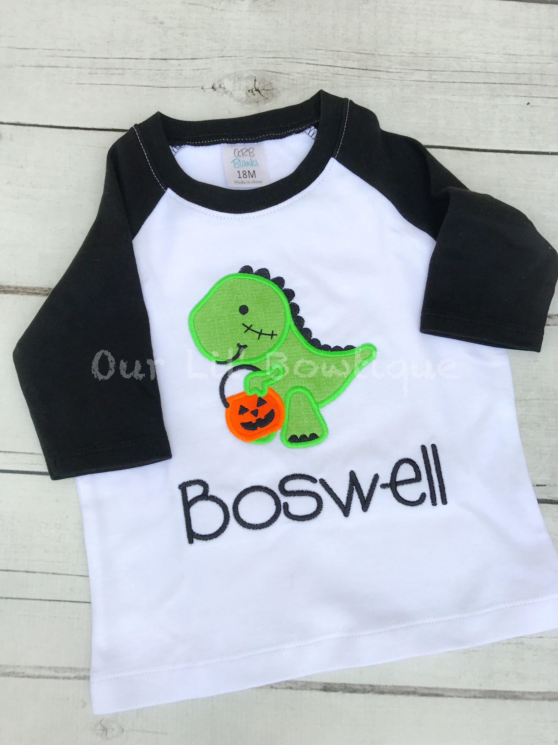 Boys Halloween Raglan Shirt: Dinosaur Applique with Pumpkin