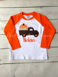 Personalized Pumpkin Truck Shirt - Thanksgiving Raglan - Halloween Applique