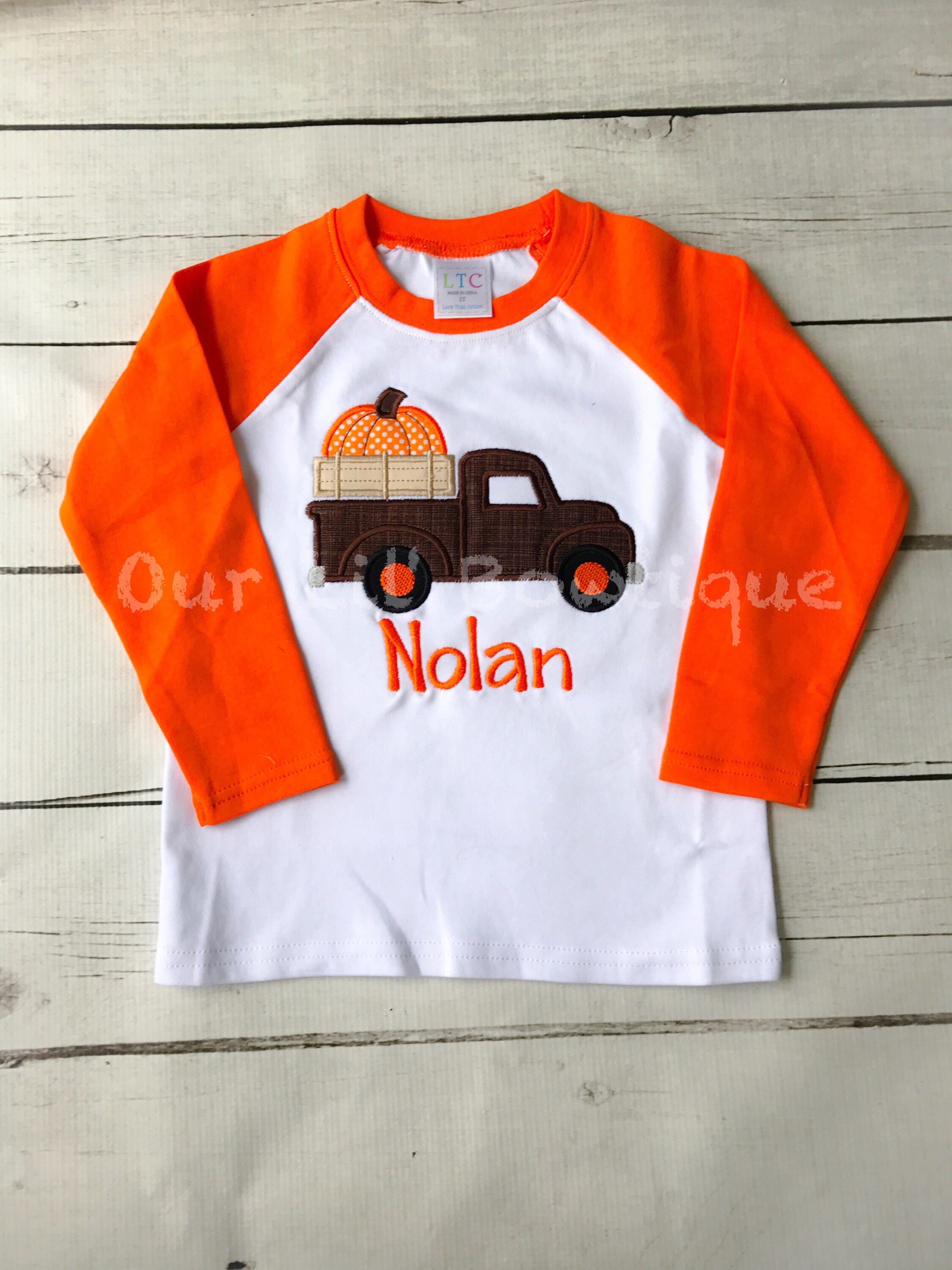Personalized Pumpkin Truck Shirt - Thanksgiving Raglan - Halloween Applique
