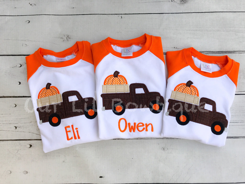 Personalized Pumpkin Truck Shirt - Thanksgiving Raglan - Halloween Applique