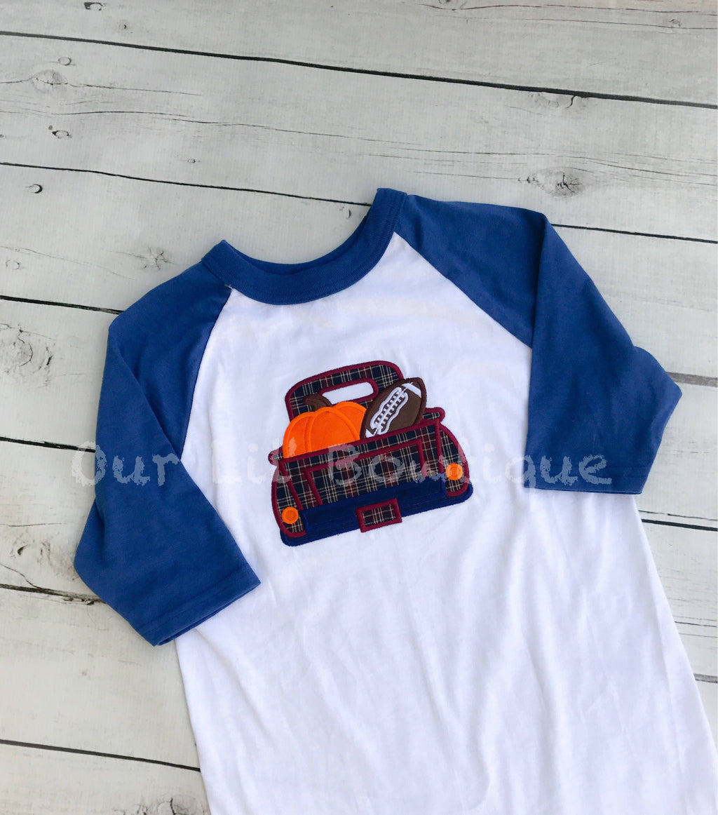 Personalized Fall Truck Raglan Shirt: Halloween Football Applique