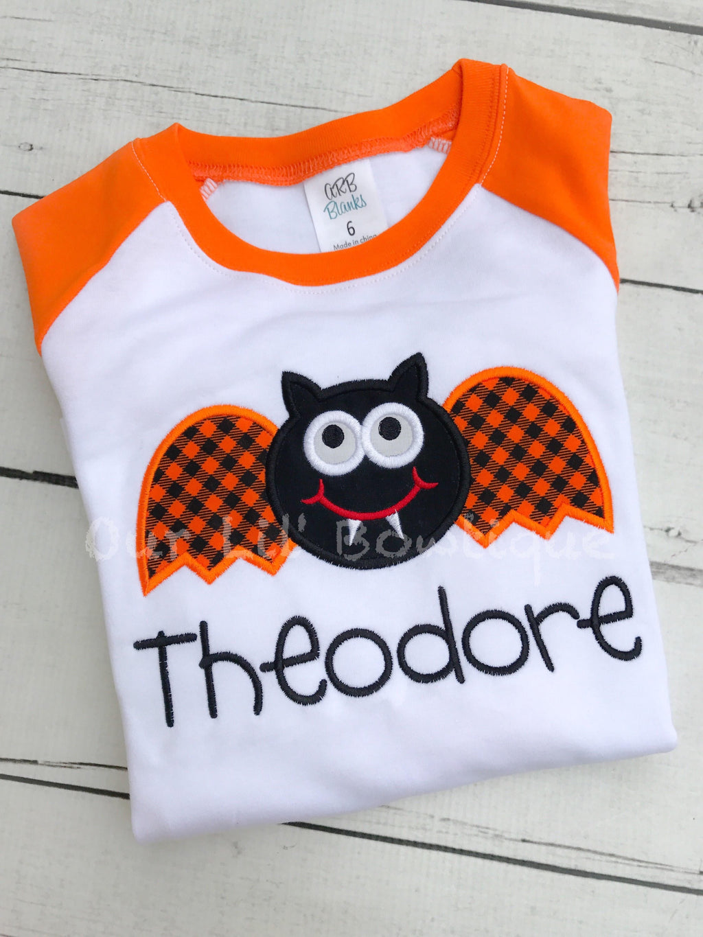 Boys Halloween Raglan Shirt: Bat Applique, Personalized Name