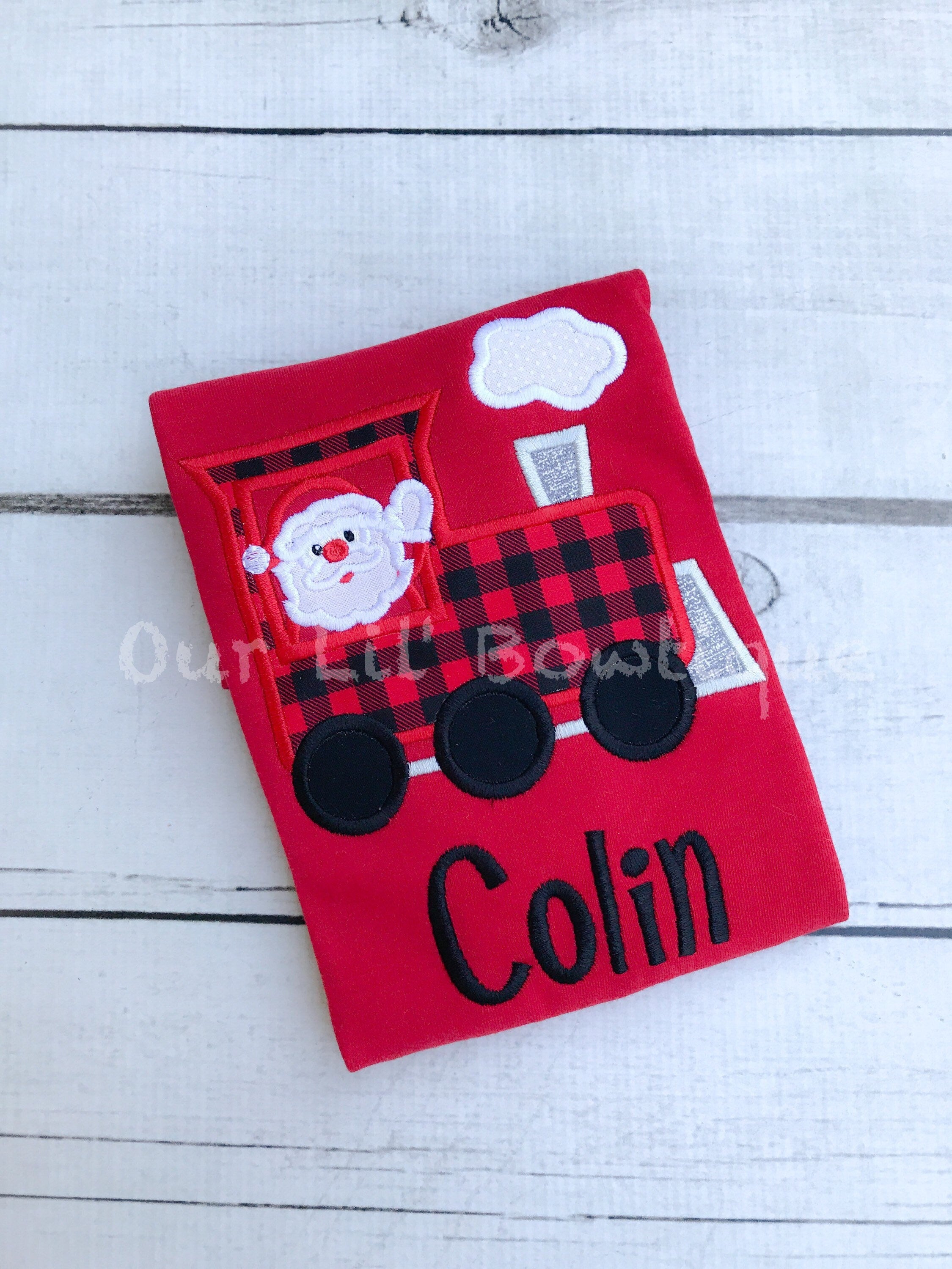 Personalized Christmas Train Shirt: Santa Applique, Boy's Holiday Outfit