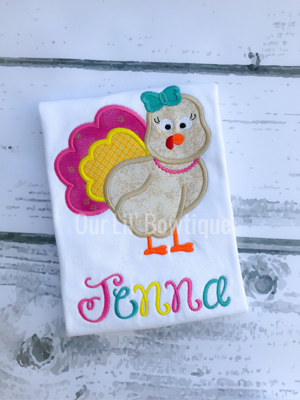 Girls Thanksgiving Shirt: Applique Turkey, Personalized
