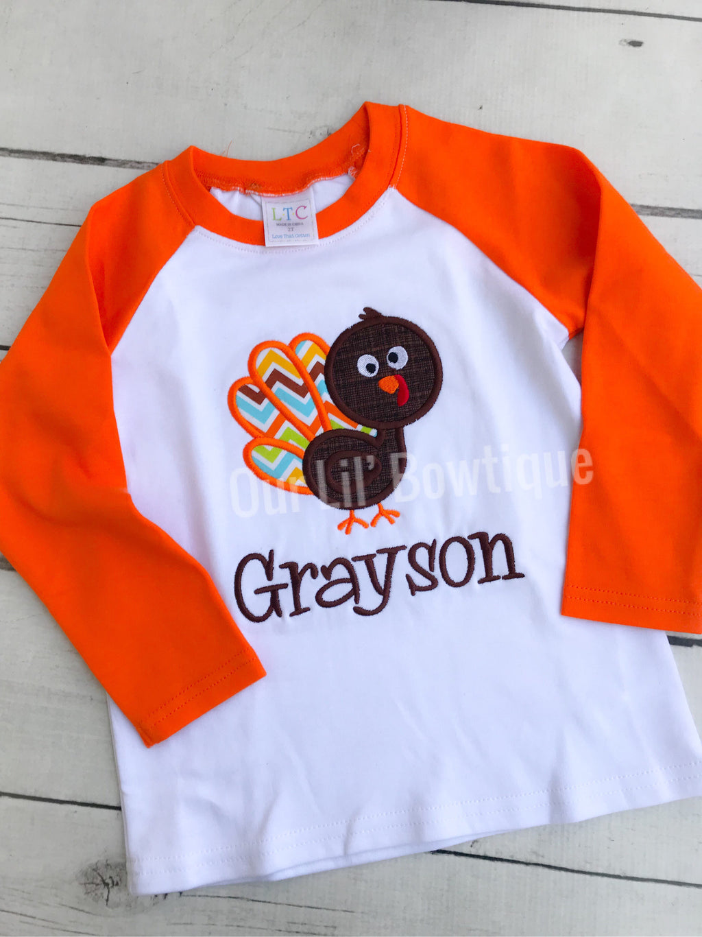 Boys Thanksgiving Shirt: Turkey Applique, Personalized Raglan Tee