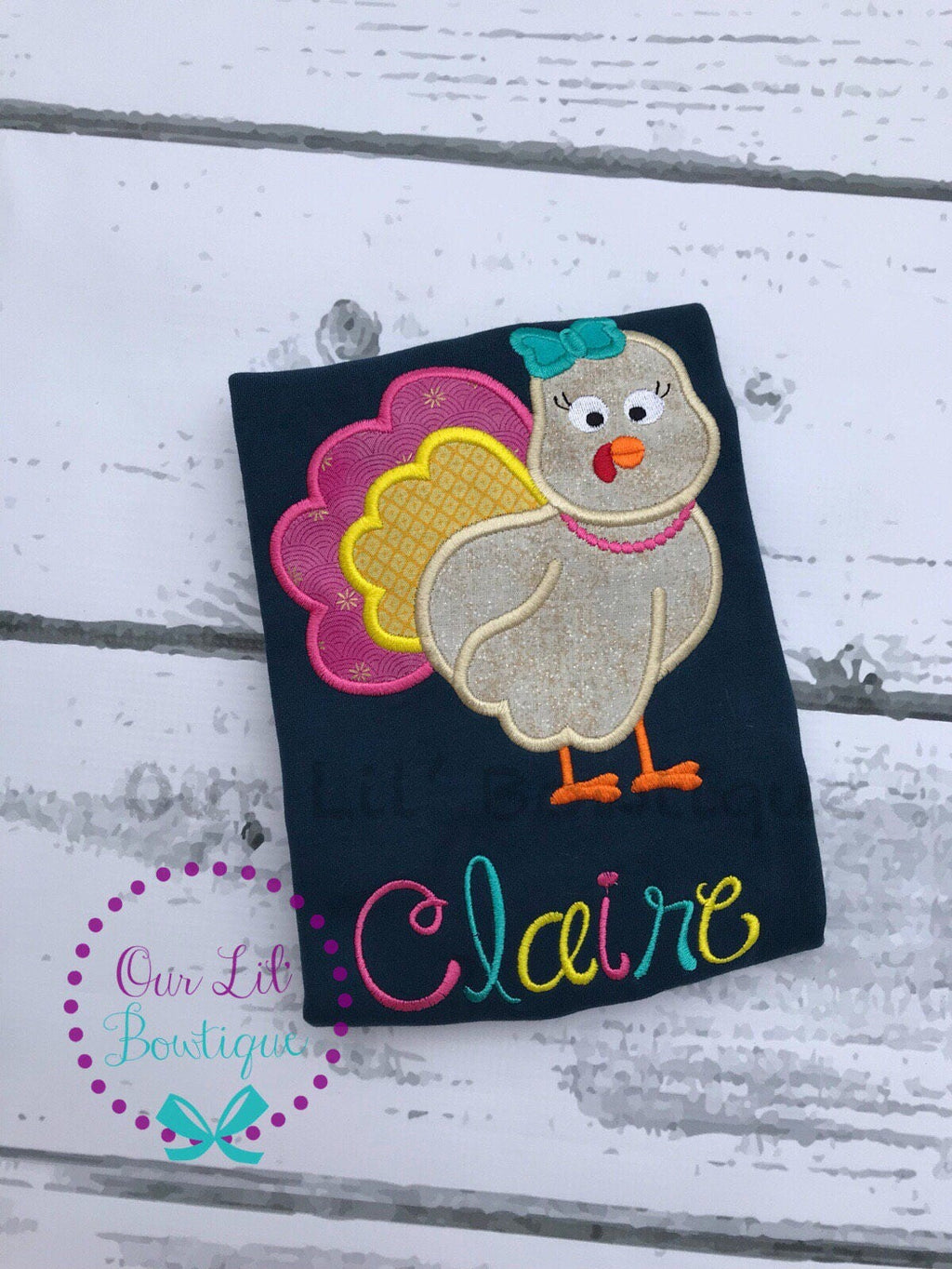 Girls Thanksgiving Shirt: Applique Turkey, Personalized
