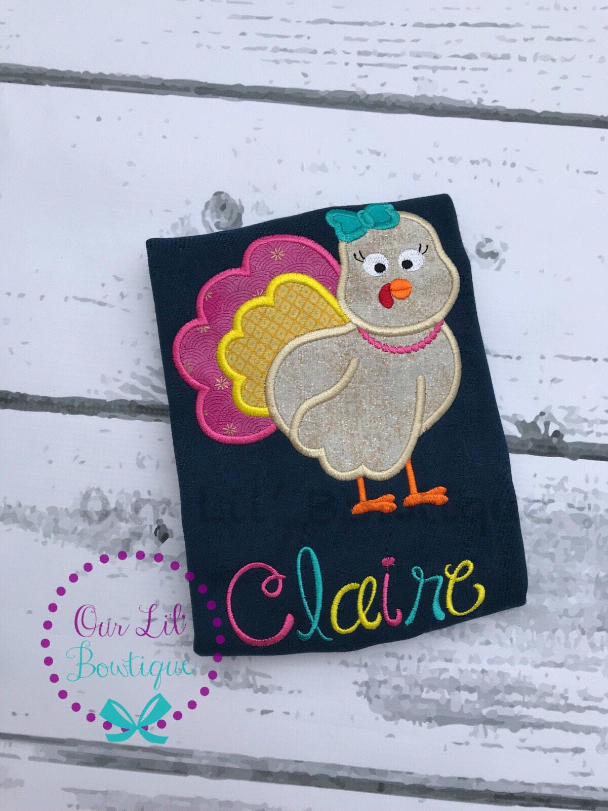 Girls Thanksgiving Shirt: Applique Turkey, Personalized