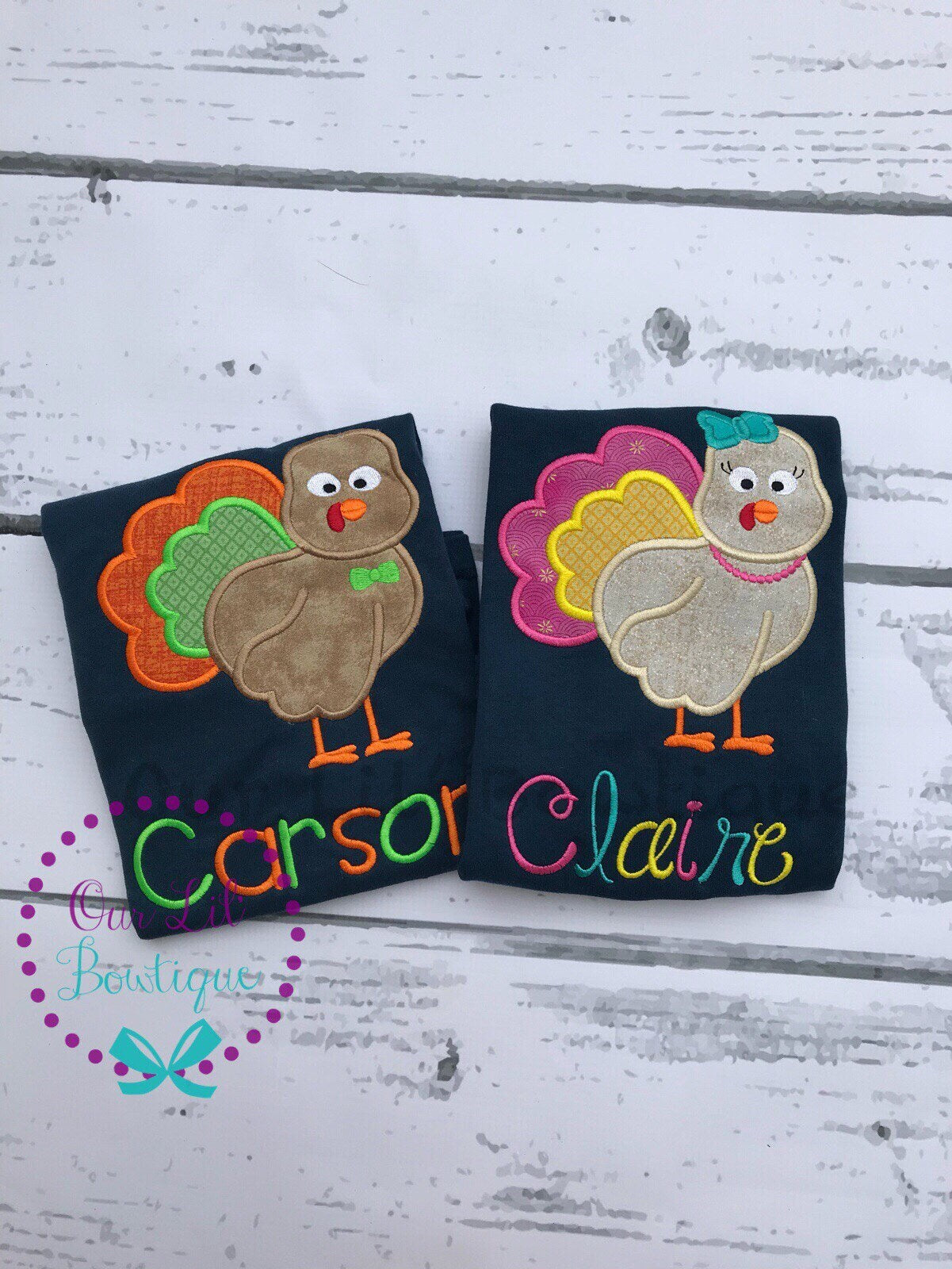 Girls Thanksgiving Shirt: Applique Turkey, Personalized