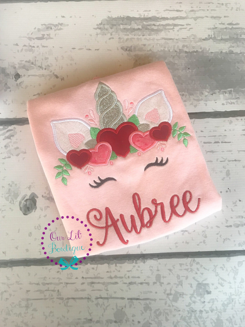 Valentine Unicorn Shirt: Personalized Hearts Appliqué