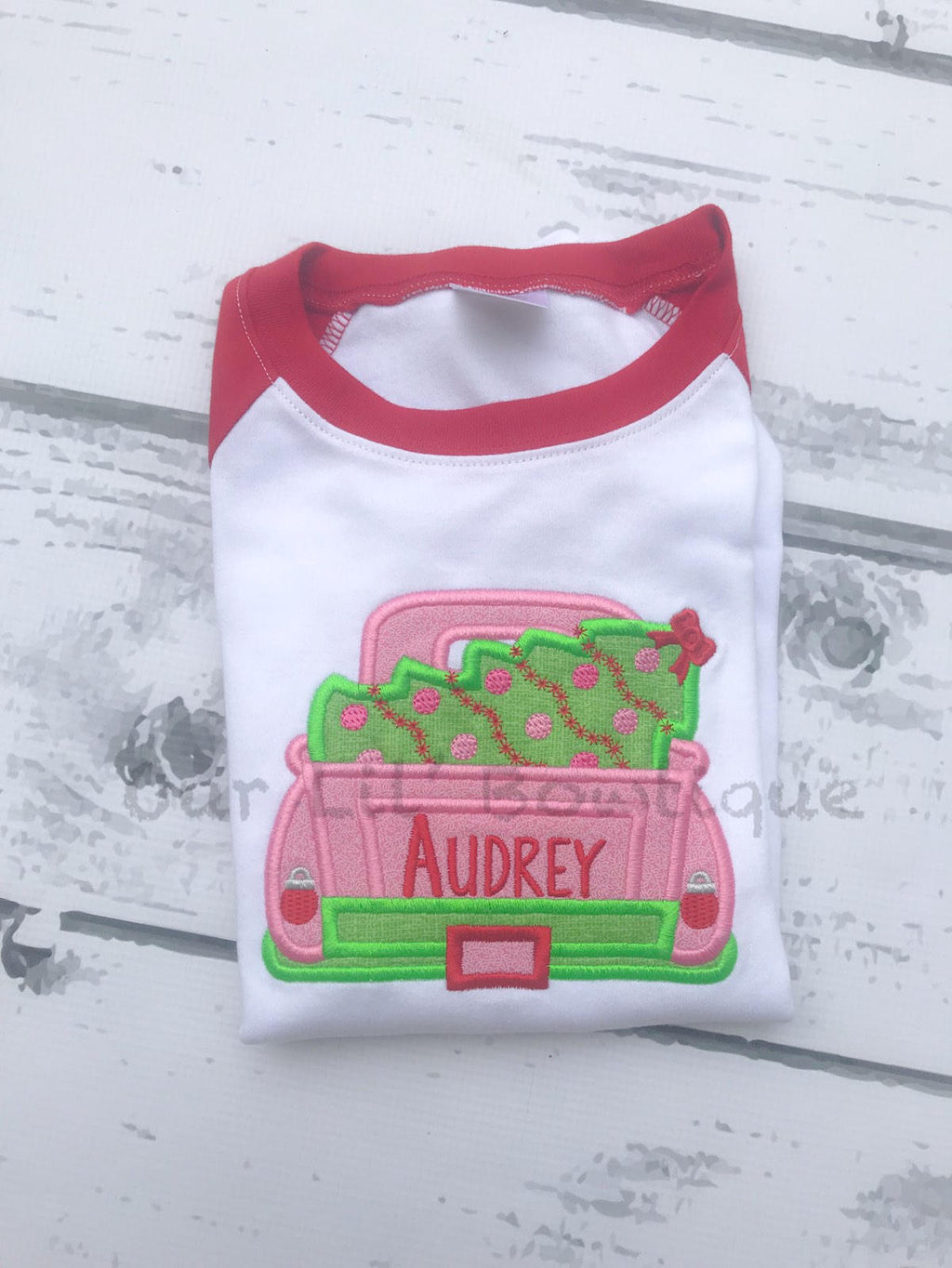 Old Christmas Truck - Girls Christmas Truck- Christmas Tree - Girls Christmas Shirt - Raglan - Personalized Shirt