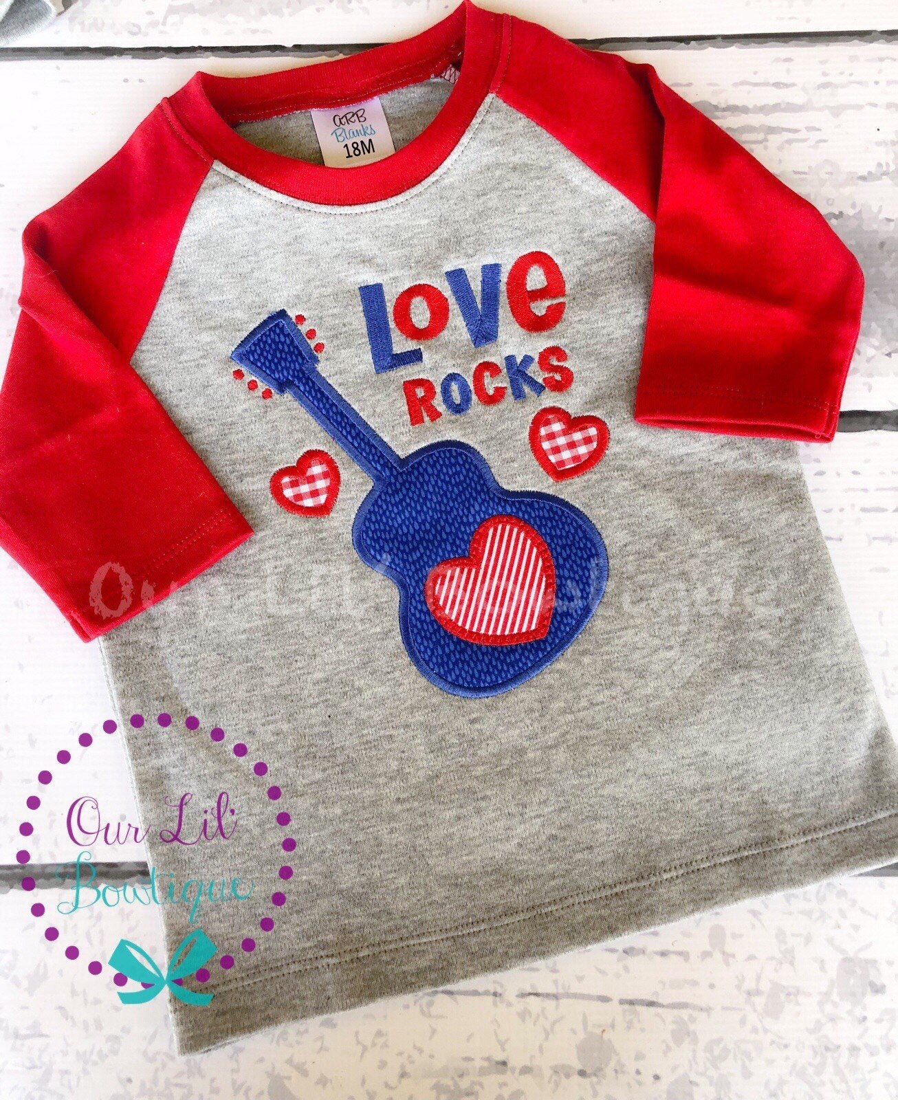 Valentine's Day Raglan Shirt: Love Rocks Guitar Appliqué, Personalized