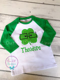 Personalized St. Patrick's Day Raglan Shirt: Shamrock Glasses Appliqué